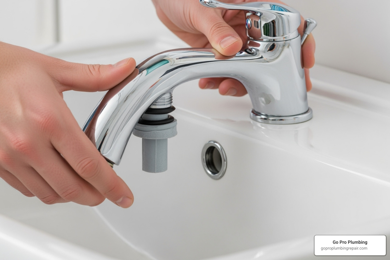 A new, shiny chrome faucet being carefully lowered into the pre-drilled holes of a white sink basin, with a clear view of the gasket or plumber's putty underneath - changing a faucet on a pedestal sink