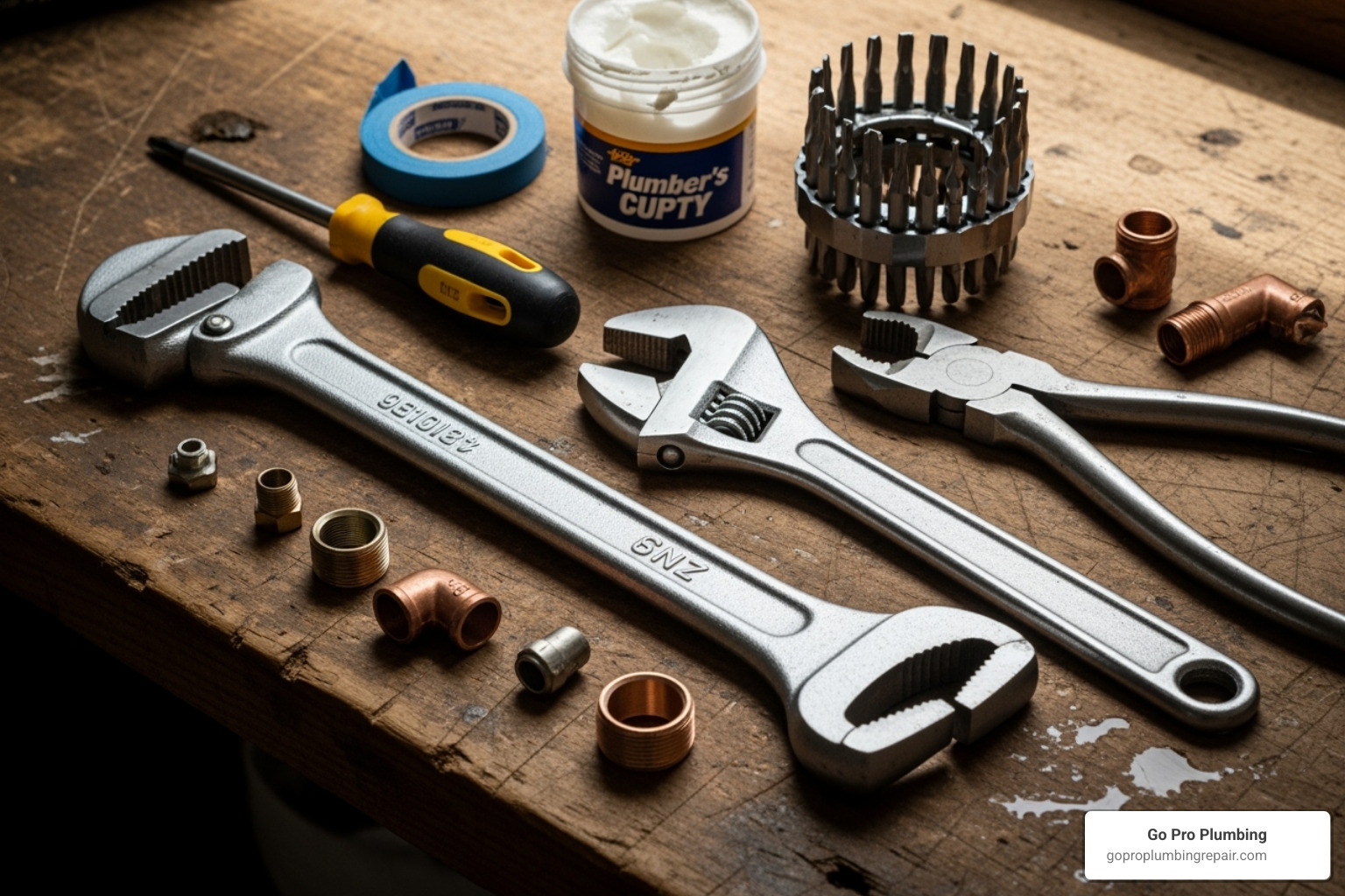 A collection of plumbing tools laid out on a workbench, including a basin wrench, adjustable wrench, pliers, screwdriver, and plumber's putty - changing a faucet on a pedestal sink