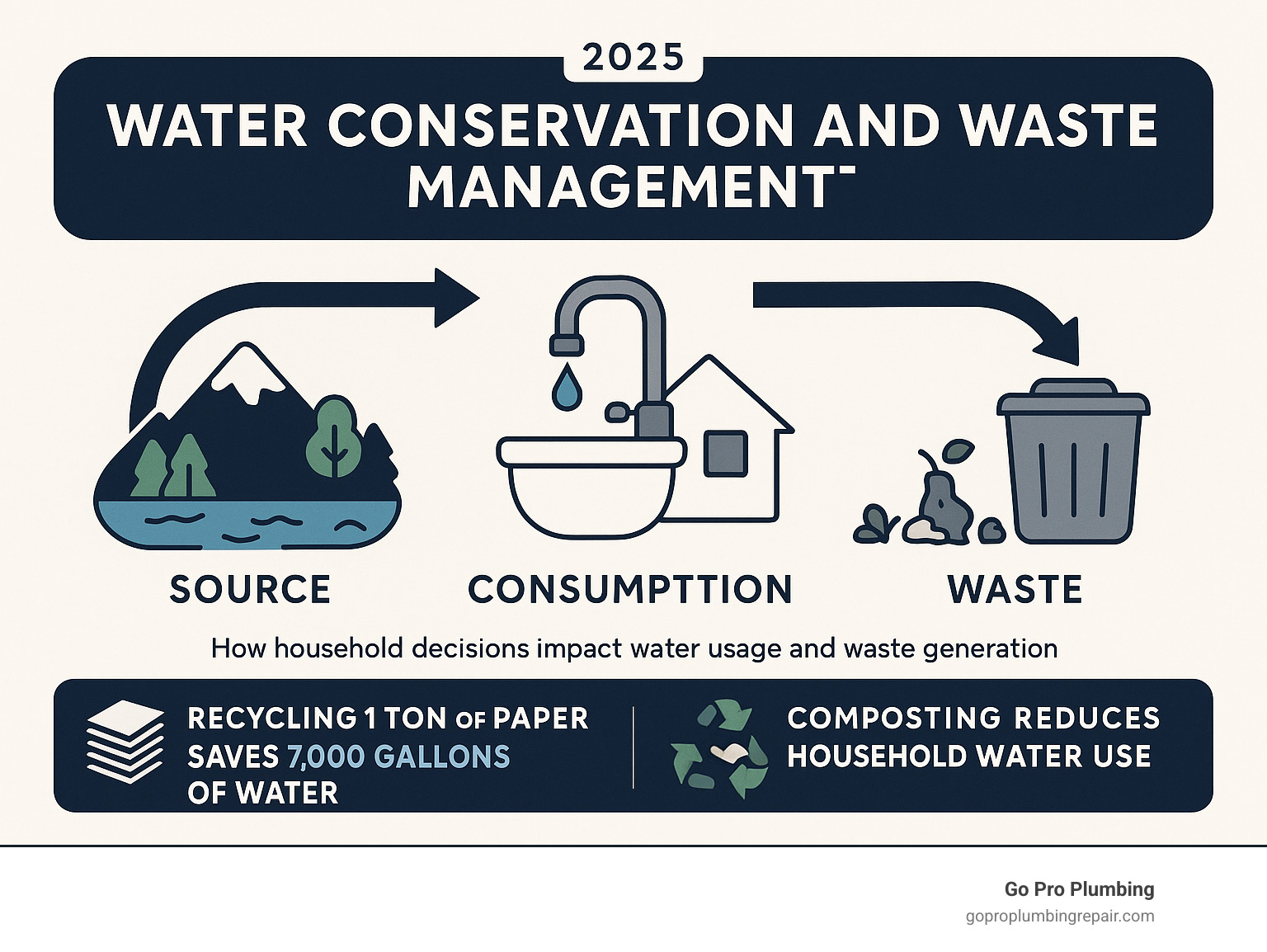 Infographic showing the water lifecycle from source to consumption to waste, highlighting how household decisions impact both water usage and waste generation, including statistics on water savings from recycling and composting - water conservation and waste management infographic 