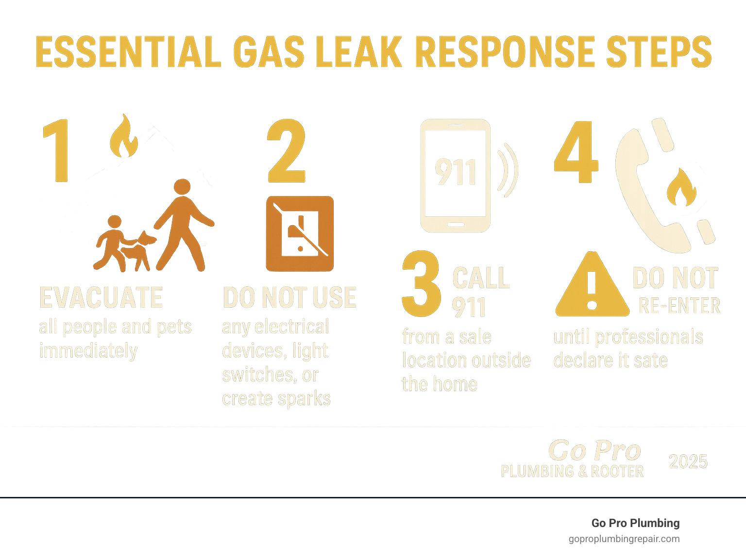 Infographic showing immediate gas leak response steps: 1. Evacuate all people and pets from the building immediately, 2. Do not use any electrical devices, light switches, or create sparks, 3. Call 911 from a safe location outside the home, 4. Call the gas company emergency line to report the leak, 5. Do not re-enter until professionals declare it safe - house gas line repair infographic 