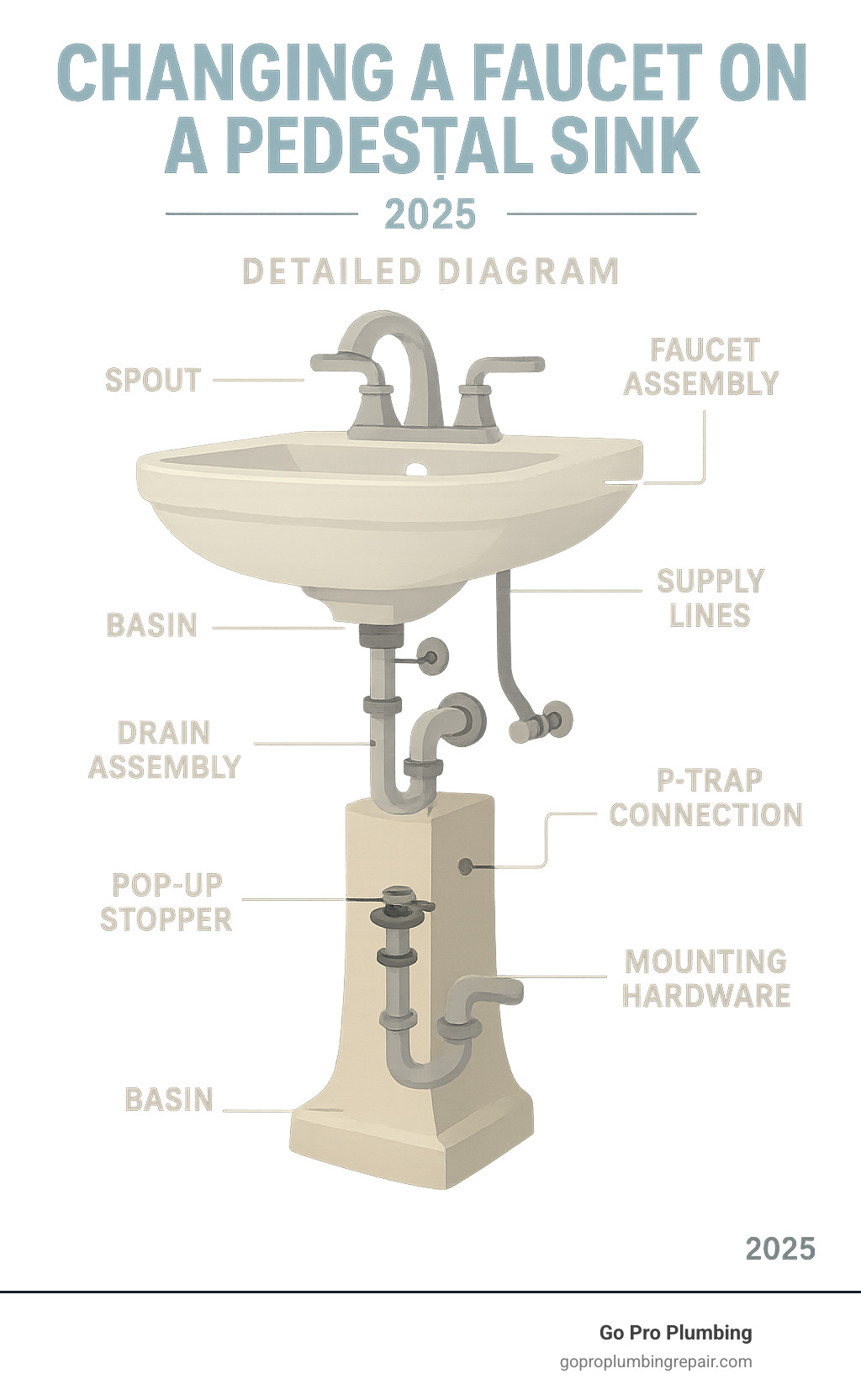 Detailed diagram showing pedestal sink components including basin, pedestal base, faucet assembly with handles and spout, supply lines, drain assembly with pop-up stopper, P-trap connection, and mounting hardware with labels for each part - changing a faucet on a pedestal sink infographic 