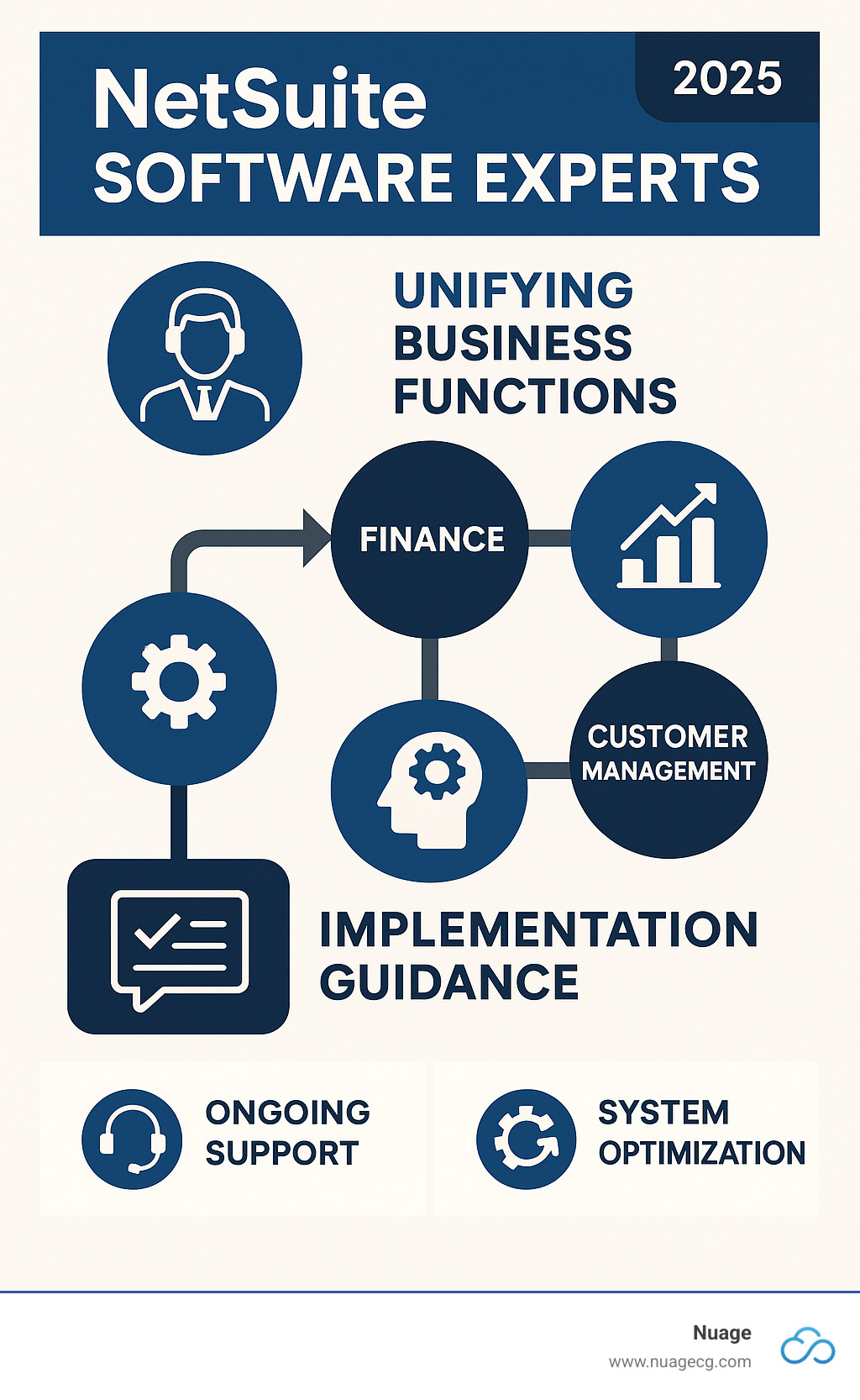 Comprehensive infographic showing how NetSuite software experts help unify business functions across finance, sales, operations, and customer management while providing implementation guidance, ongoing support, and system optimization services - NetSuite software experts infographic 