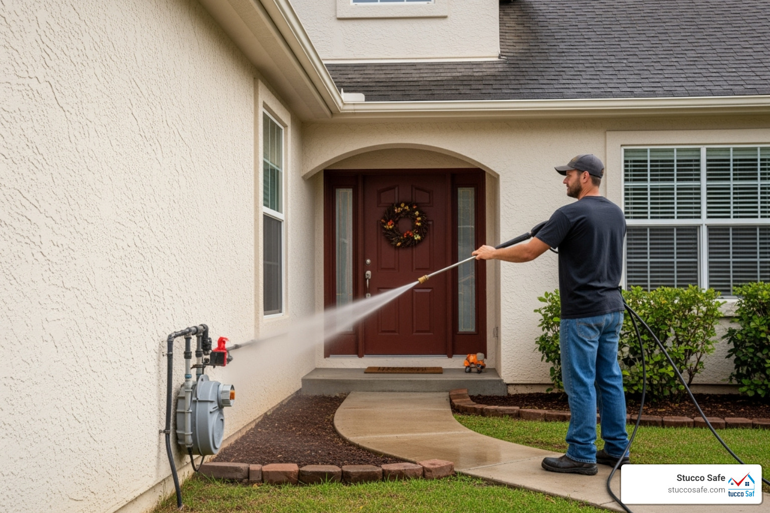 pressure washer cleaning a stucco wall - can you paint stucco on a house