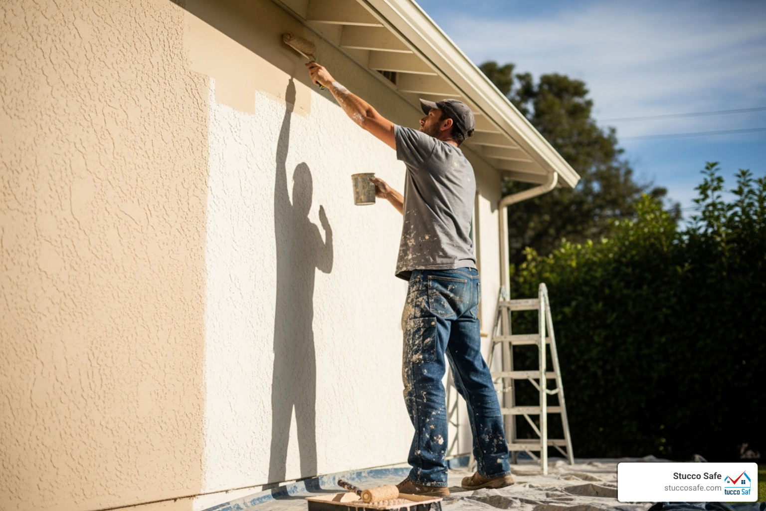 painter applying paint to a stucco wall with a roller - can you paint stucco on a house
