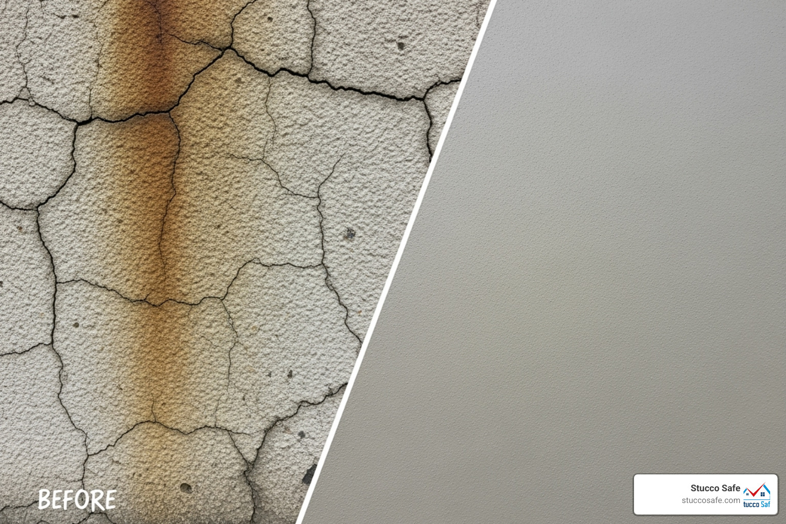 split-screen showing stained, cracked stucco wall next to a freshly painted one - can you paint stucco on a house