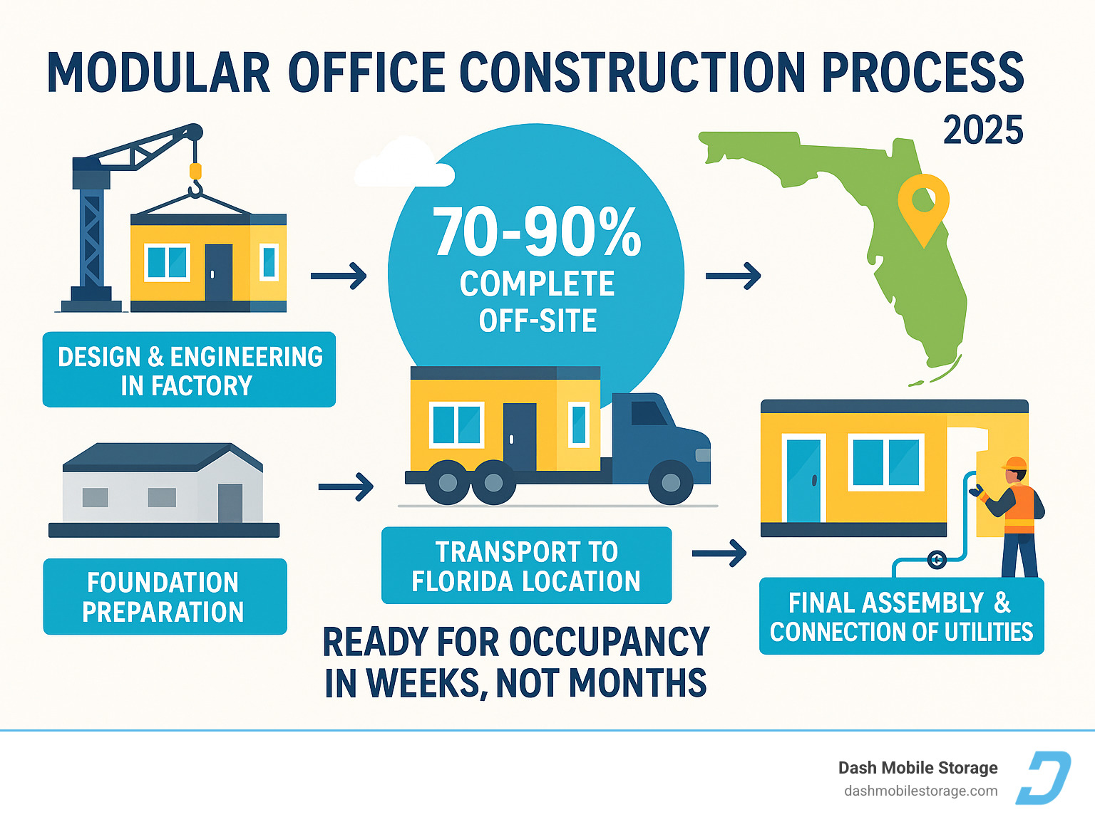 Infographic showing the modular office construction process: Design and engineering in factory, 70-90% completion off-site, transportation to Florida location, foundation preparation, final assembly and connection of utilities, ready for occupancy in weeks not months - modular office space Florida infographic 