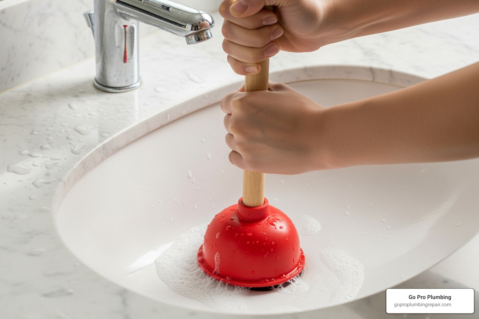 person using a small cup plunger on a bathroom sink - best way to unblock a drain