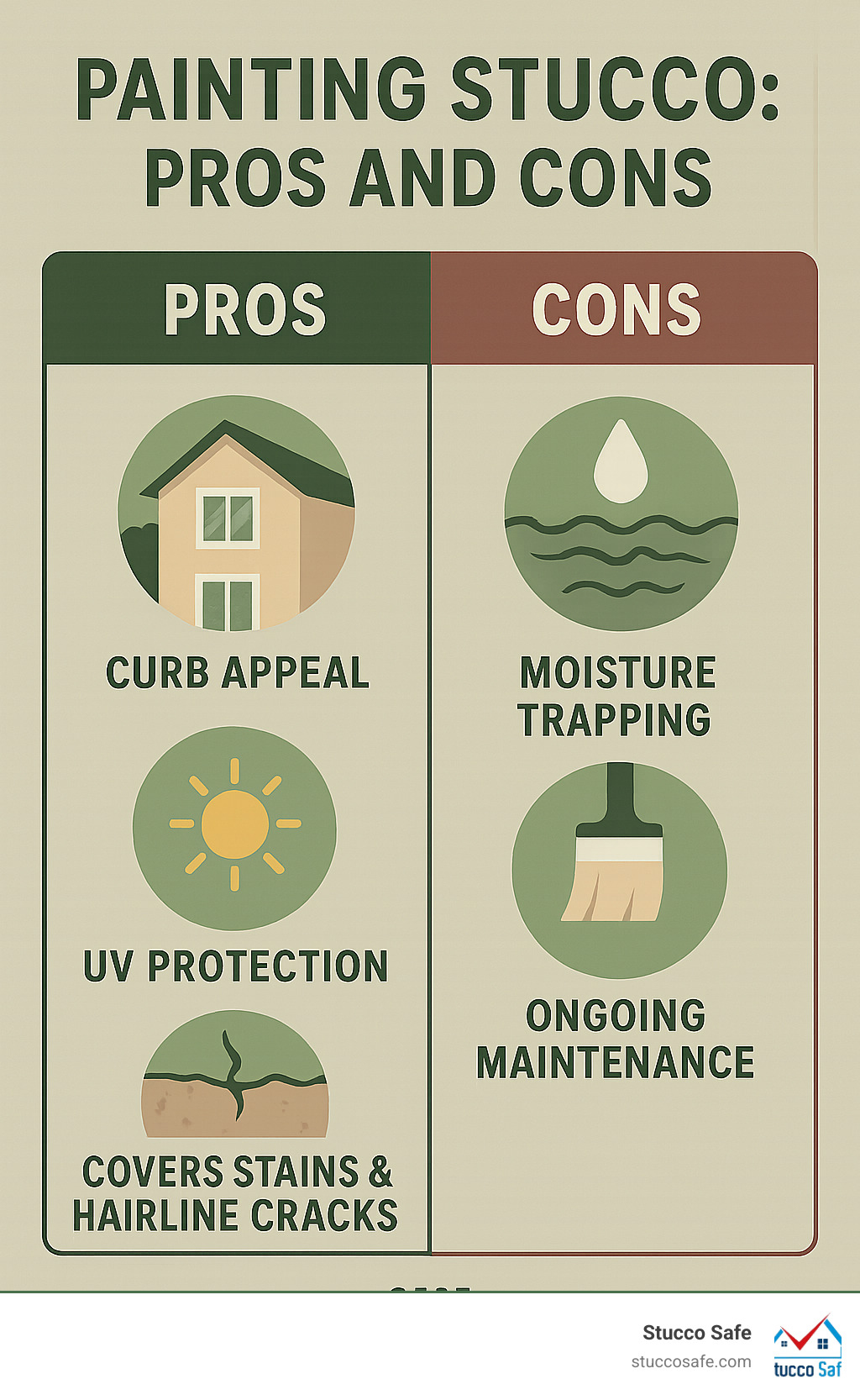 Infographic showing pros and cons of painting stucco, including benefits like curb appeal and UV protection versus risks like moisture trapping and ongoing maintenance requirements - can you paint stucco on a house infographic 