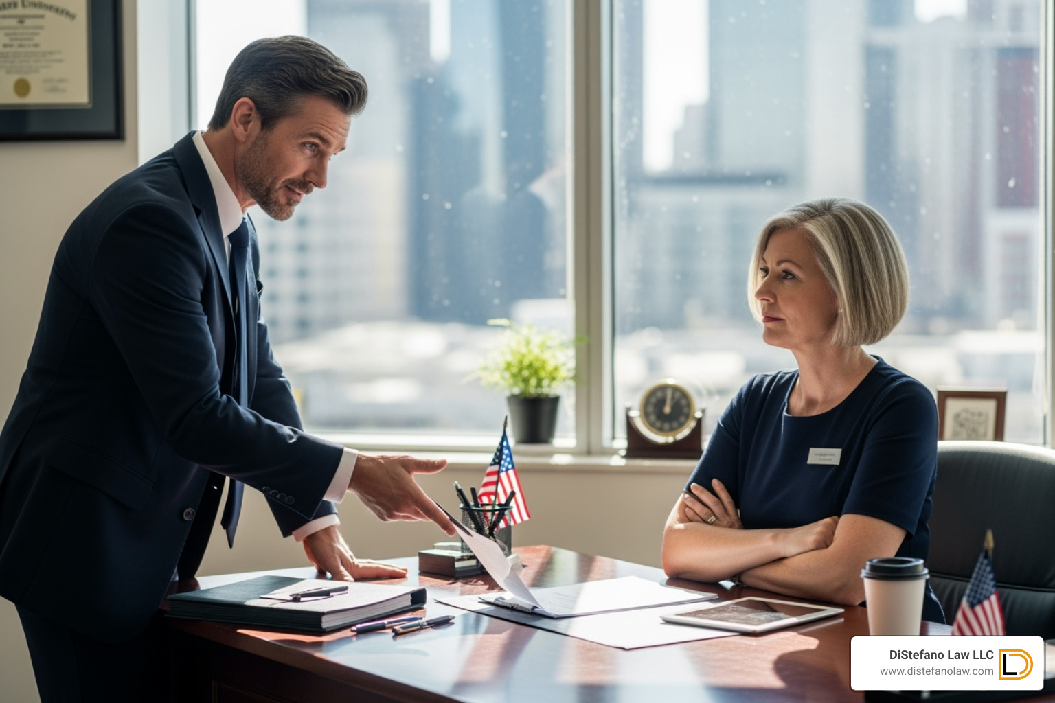 lawyer confidently negotiating with an insurance adjuster - fort lauderdale workers compensation attorney