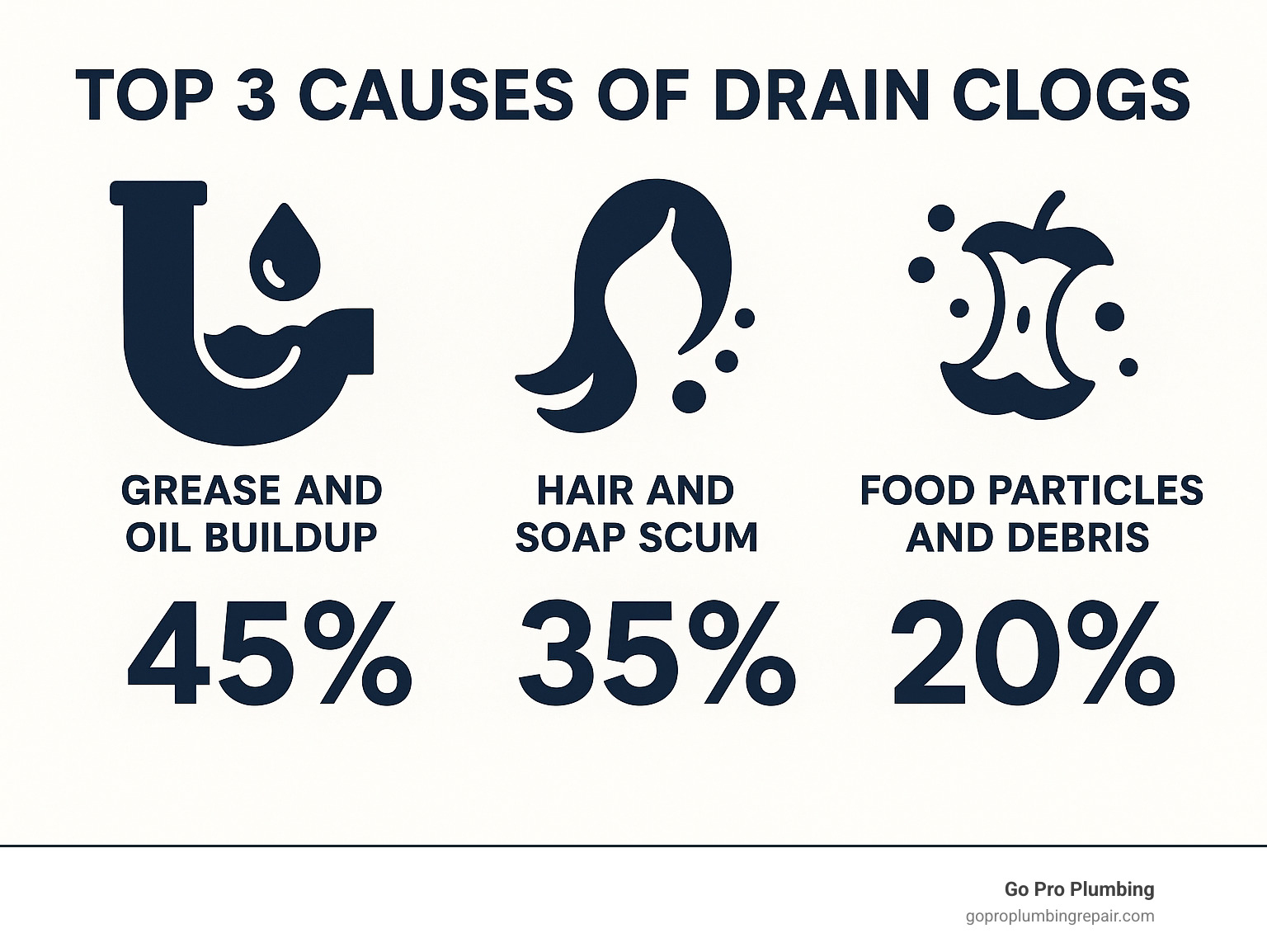 Infographic showing the top 3 causes of drain clogs with percentages: grease and oil buildup at 45%, hair and soap scum at 35%, and food particles and debris at 20%, along with simple icons representing each cause - best way to unblock a drain infographic 