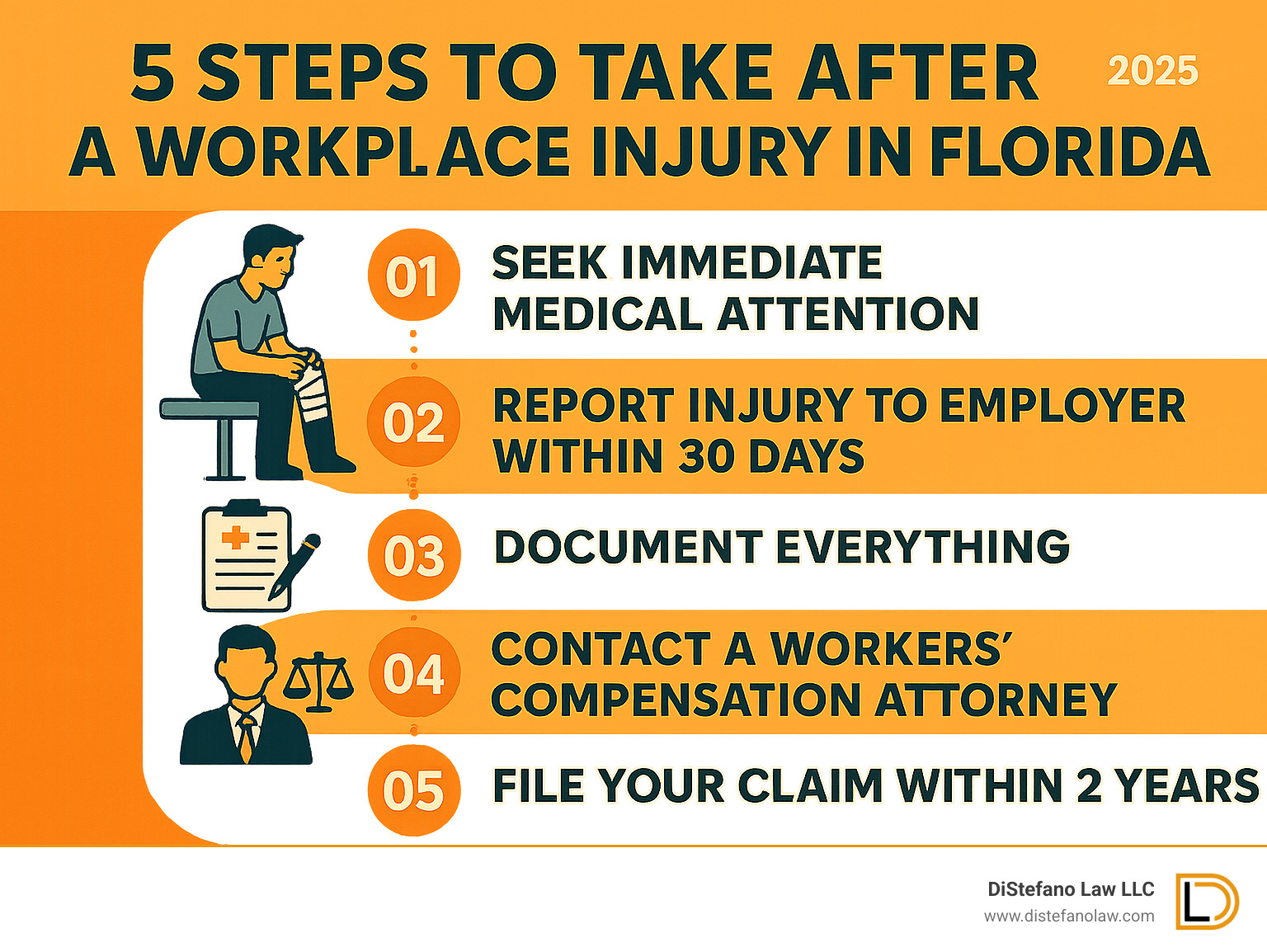 Infographic showing the 5 essential steps after a workplace injury in Florida: 1) Seek immediate medical attention, 2) Report injury to employer within 30 days, 3) Document everything, 4) Contact a workers compensation attorney, 5) File your claim within 2 years - fort lauderdale workers compensation attorney infographic 