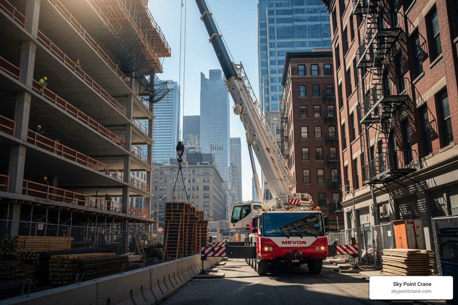 telescopic boom truck crane navigating a tight job site - telescopic boom truck crane