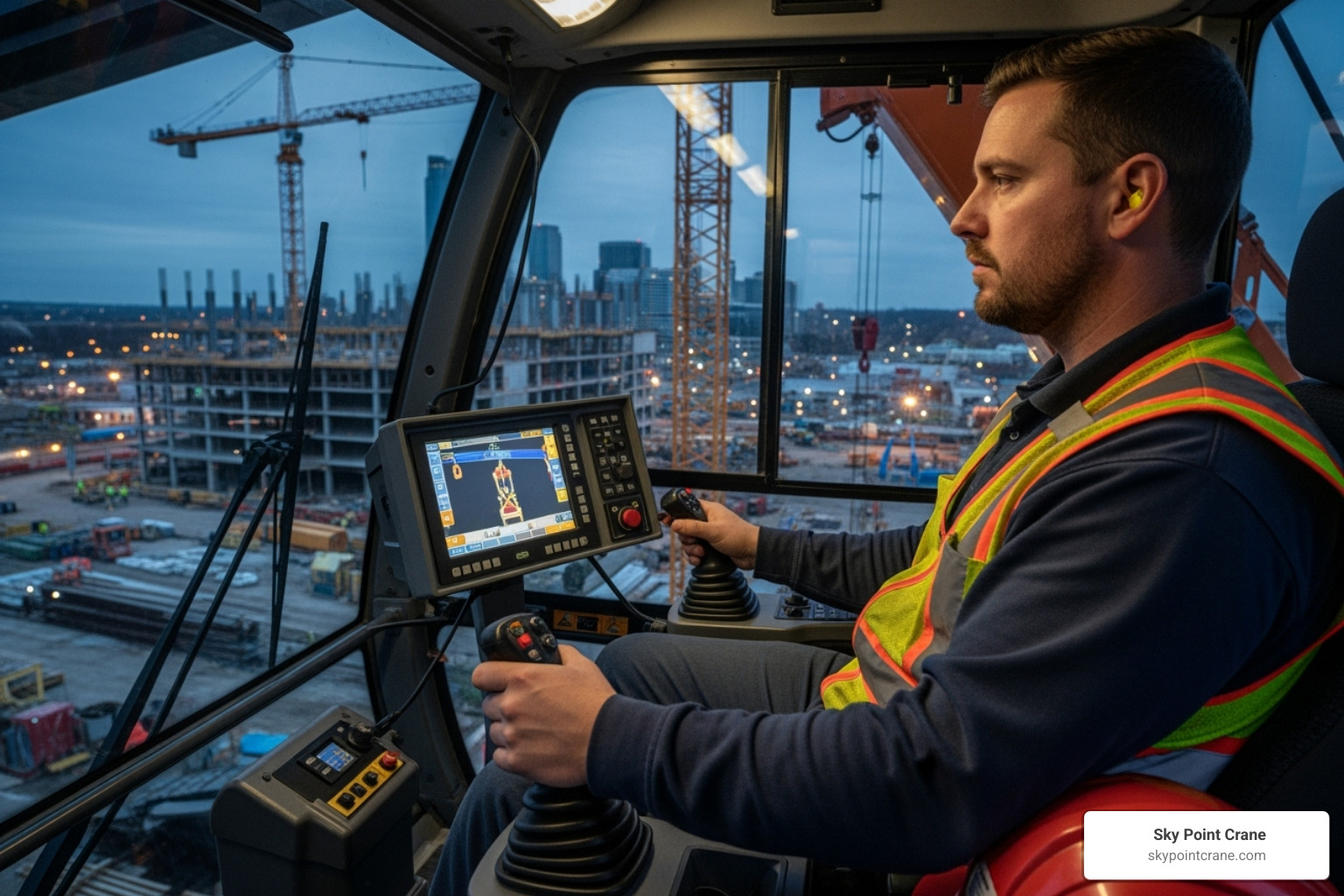 NCCCO certified operator in a modern crane cab - telescopic boom truck crane