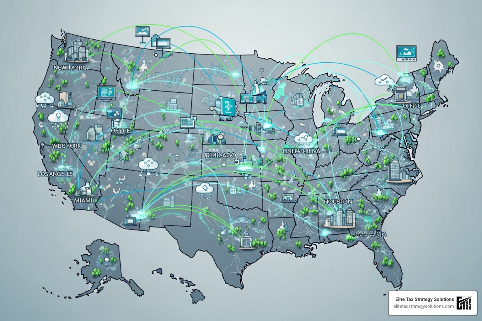 illustration of a business having a physical and digital presence in multiple states - multi state tax planning illustration of a business having a physical and digital presence in multiple states - multi state tax planning