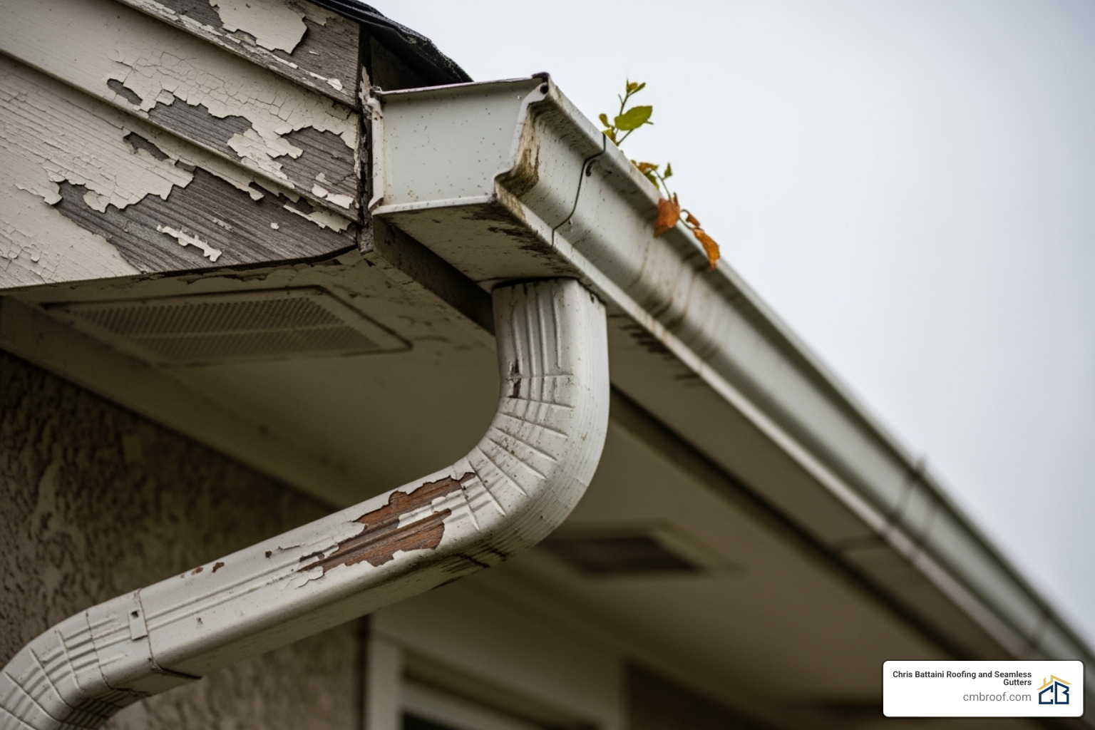 old, sagging gutters with peeling paint - Best gutter installation company