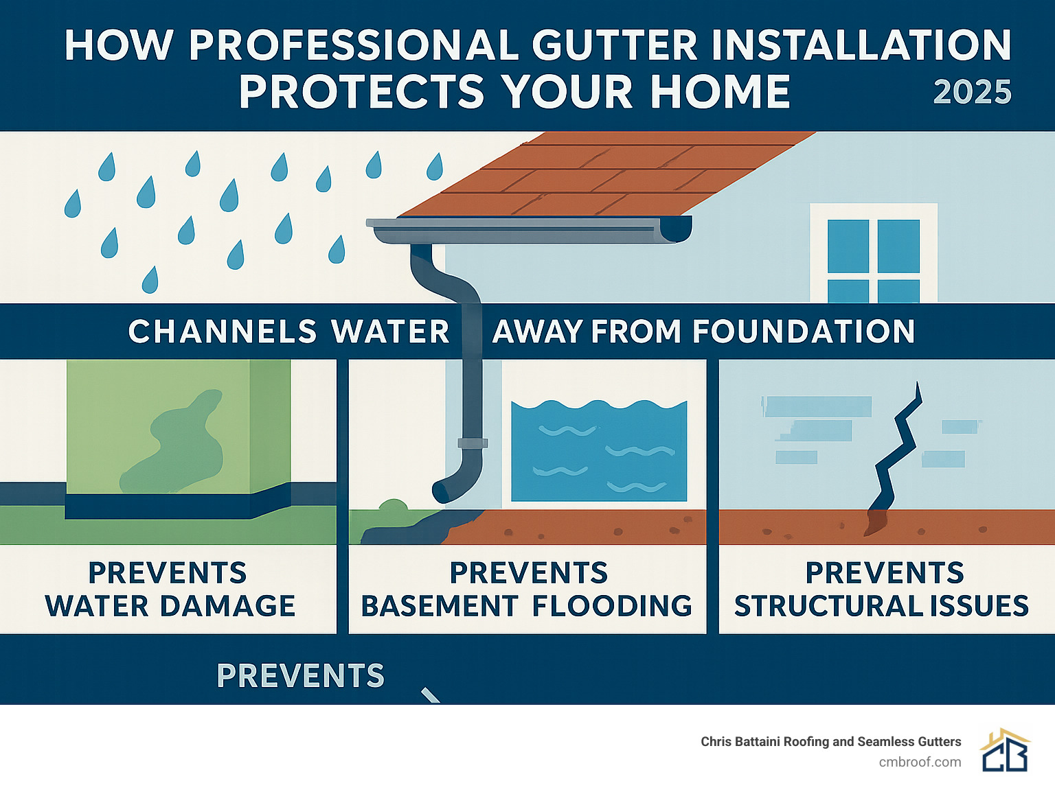 Infographic showing how professional gutter installation protects homes by channeling water from roof through gutters and downspouts away from foundation, preventing water damage, basement flooding, and structural issues - Best gutter installation company infographic 