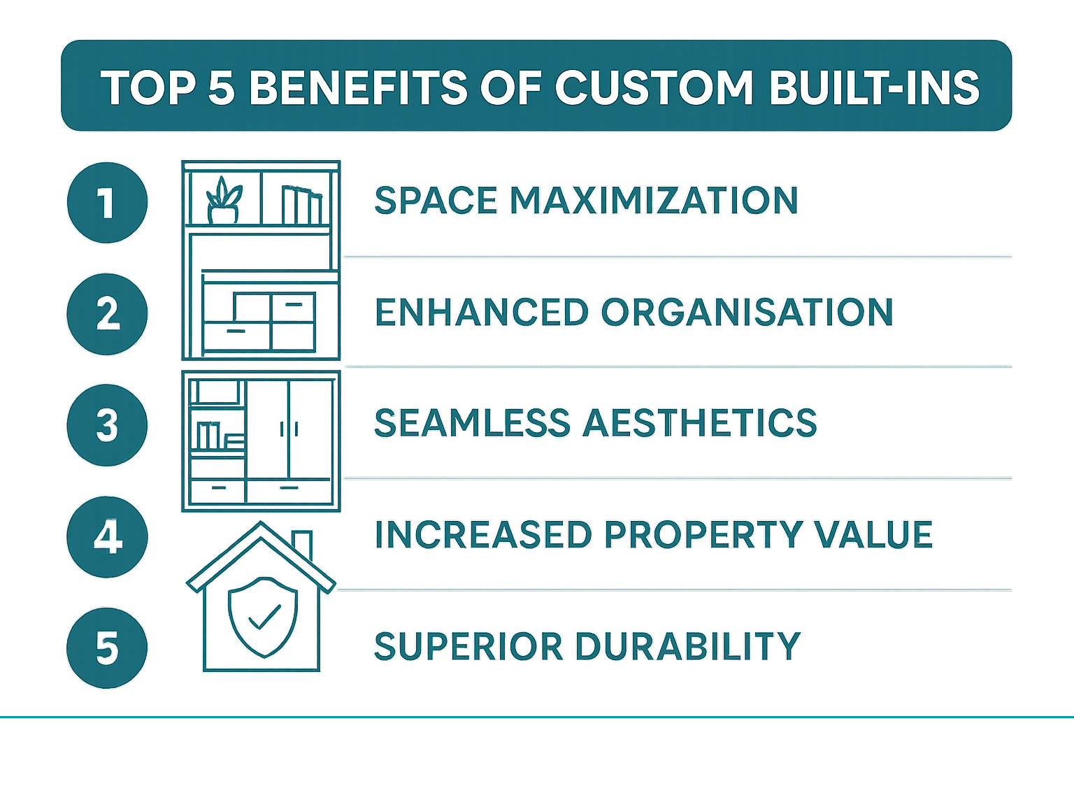 Infographic showing the top 5 benefits of custom built-ins: space maximisation, improved organisation, seamless aesthetics, increased property value, and superior durability compared to freestanding furniture - custom built in infographic 