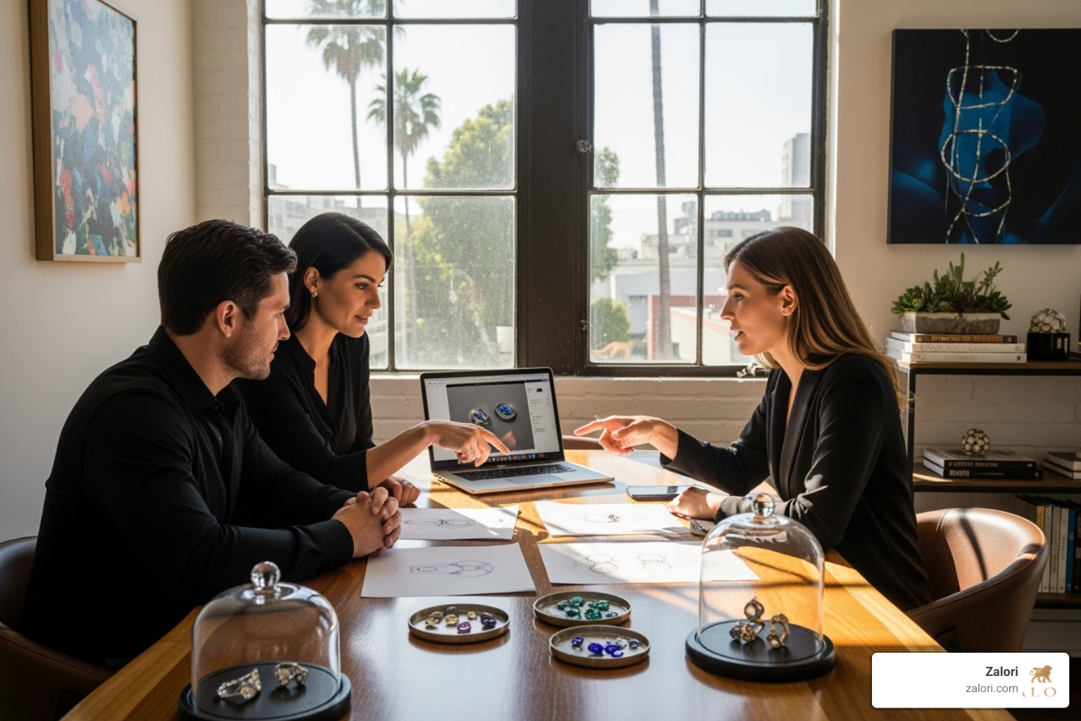 A couple enjoying a private jewelry design consultation in a chic LA studio, discussing designs with a jeweler - Luxury gifts Los Angeles A couple enjoying a private jewelry design consultation in a chic LA studio, discussing designs with a jeweler - Luxury gifts Los Angeles