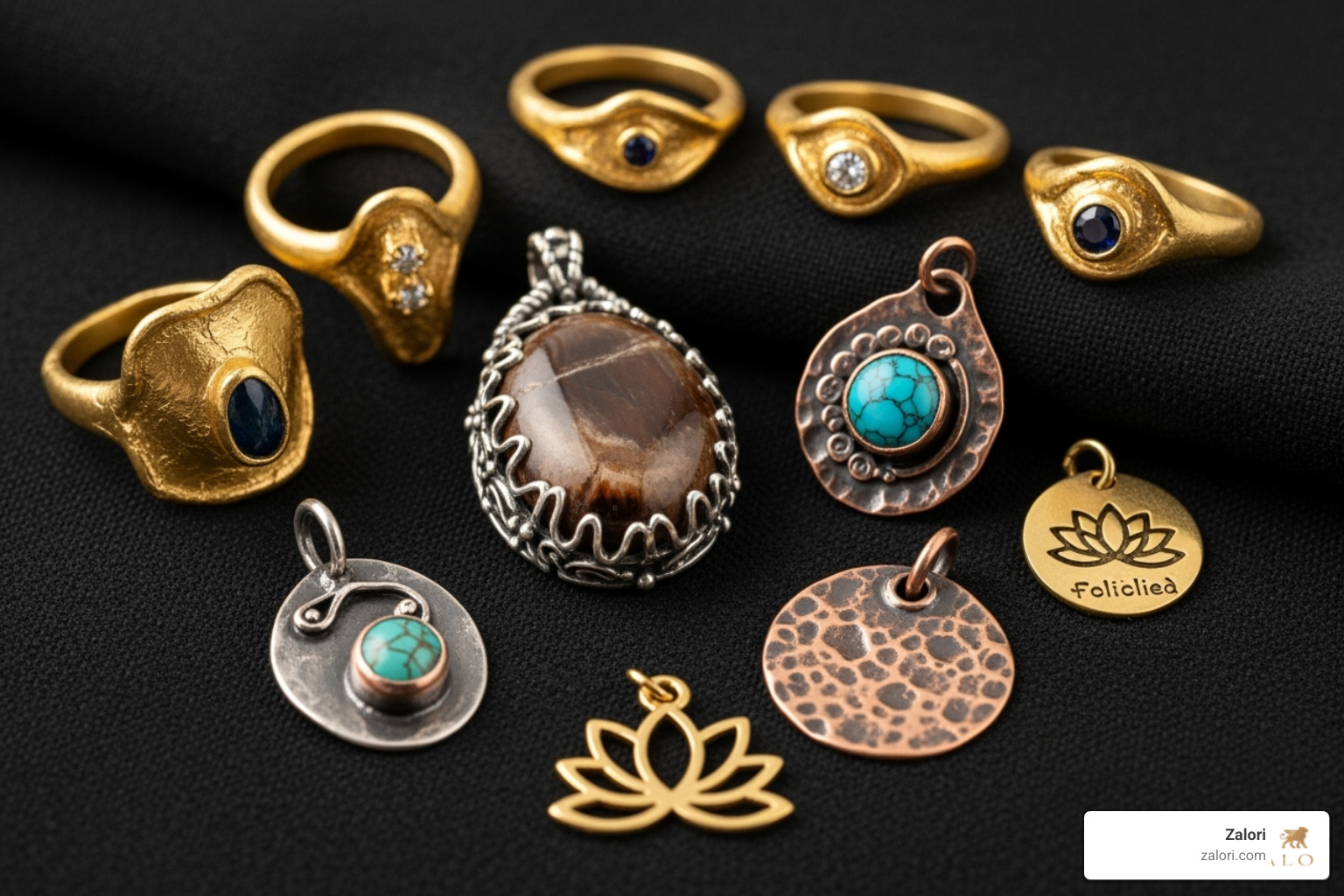 A collection of unique, artisanal jewelry pieces, including hand-poured gold rings and custom pendants, laid out on a textured fabric - Luxury gifts Los Angeles A collection of unique, artisanal jewelry pieces, including hand-poured gold rings and custom pendants, laid out on a textured fabric - Luxury gifts Los Angeles