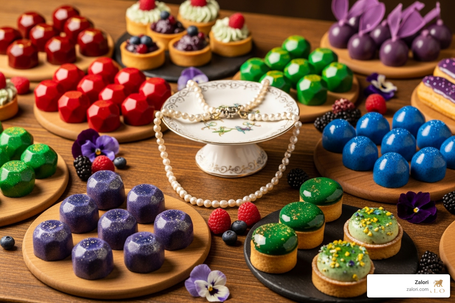 A gourmet dessert display featuring intricately decorated chocolates and pastries in gemstone colors, artfully arranged around a delicate pearl necklace - Luxury gifts Los Angeles A gourmet dessert display featuring intricately decorated chocolates and pastries in gemstone colors, artfully arranged around a delicate pearl necklace - Luxury gifts Los Angeles