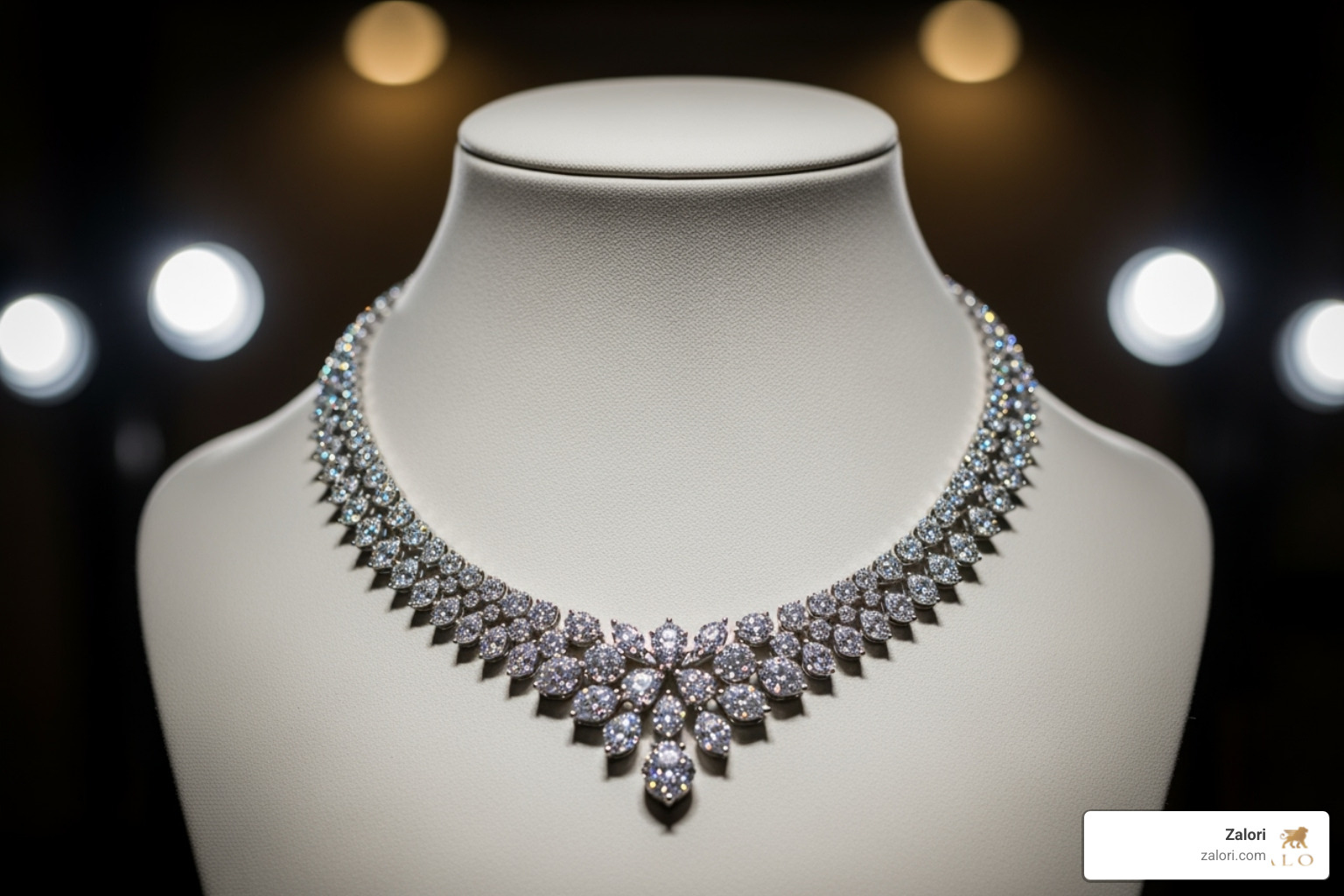 A stunning diamond necklace on a display stand, sparkling under soft lights - Luxury gifts Los Angeles A stunning diamond necklace on a display stand, sparkling under soft lights - Luxury gifts Los Angeles