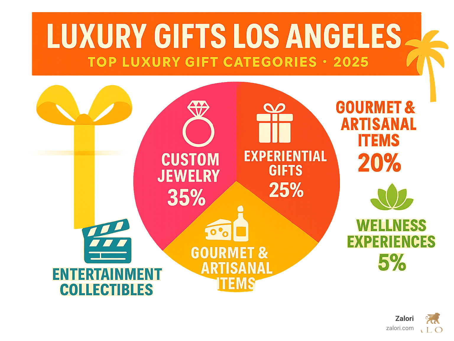 Infographic showing luxury gift categories in Los Angeles: Custom Jewelry (35%), Experiential Gifts (25%), Gourmet & Artisanal Items (20%), Entertainment Collectibles (15%), Wellness Experiences (5%) - Luxury gifts Los Angeles infographic Infographic showing luxury gift categories in Los Angeles: Custom Jewelry (35%), Experiential Gifts (25%), Gourmet & Artisanal Items (20%), Entertainment Collectibles (15%), Wellness Experiences (5%) - Luxury gifts Los Angeles infographic