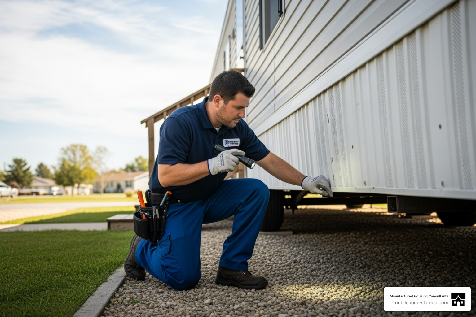 professional inspecting a mobile home's foundation and skirting - foreclosed and repossessed mobile homes professional inspecting a mobile home's foundation and skirting - foreclosed and repossessed mobile homes