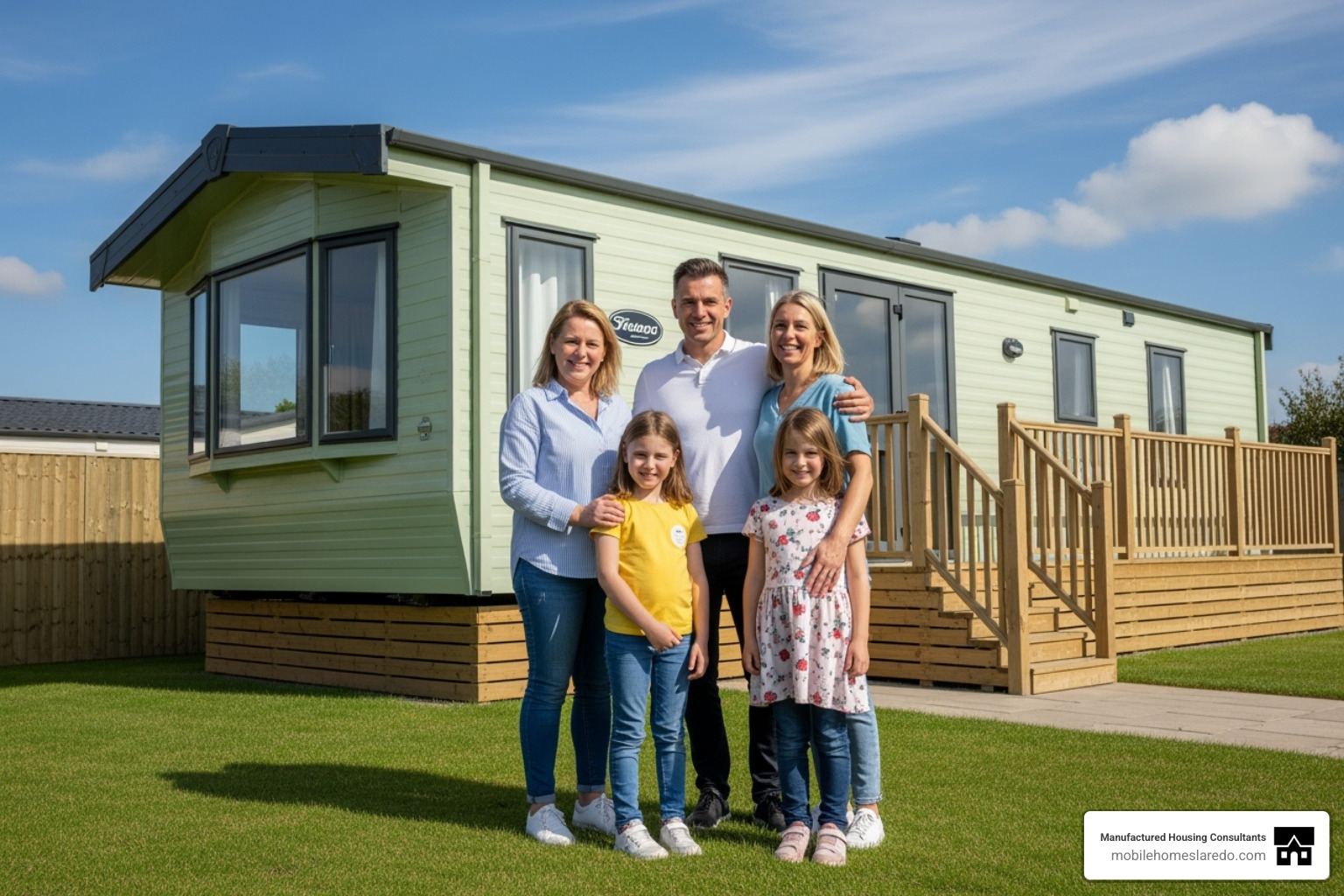 happy family standing in front of their newly acquired mobile home - foreclosed and repossessed mobile homes happy family standing in front of their newly acquired mobile home - foreclosed and repossessed mobile homes