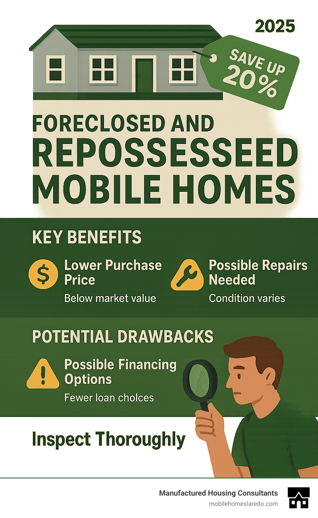 Infographic showing the key advantages and disadvantages of buying foreclosed and repossessed mobile homes, including cost savings of up to 20%, potential repair needs, limited financing options, and the importance of thorough inspections - foreclosed and repossessed mobile homes infographic  Infographic showing the key advantages and disadvantages of buying foreclosed and repossessed mobile homes, including cost savings of up to 20%, potential repair needs, limited financing options, and the importance of thorough inspections - foreclosed and repossessed mobile homes infographic