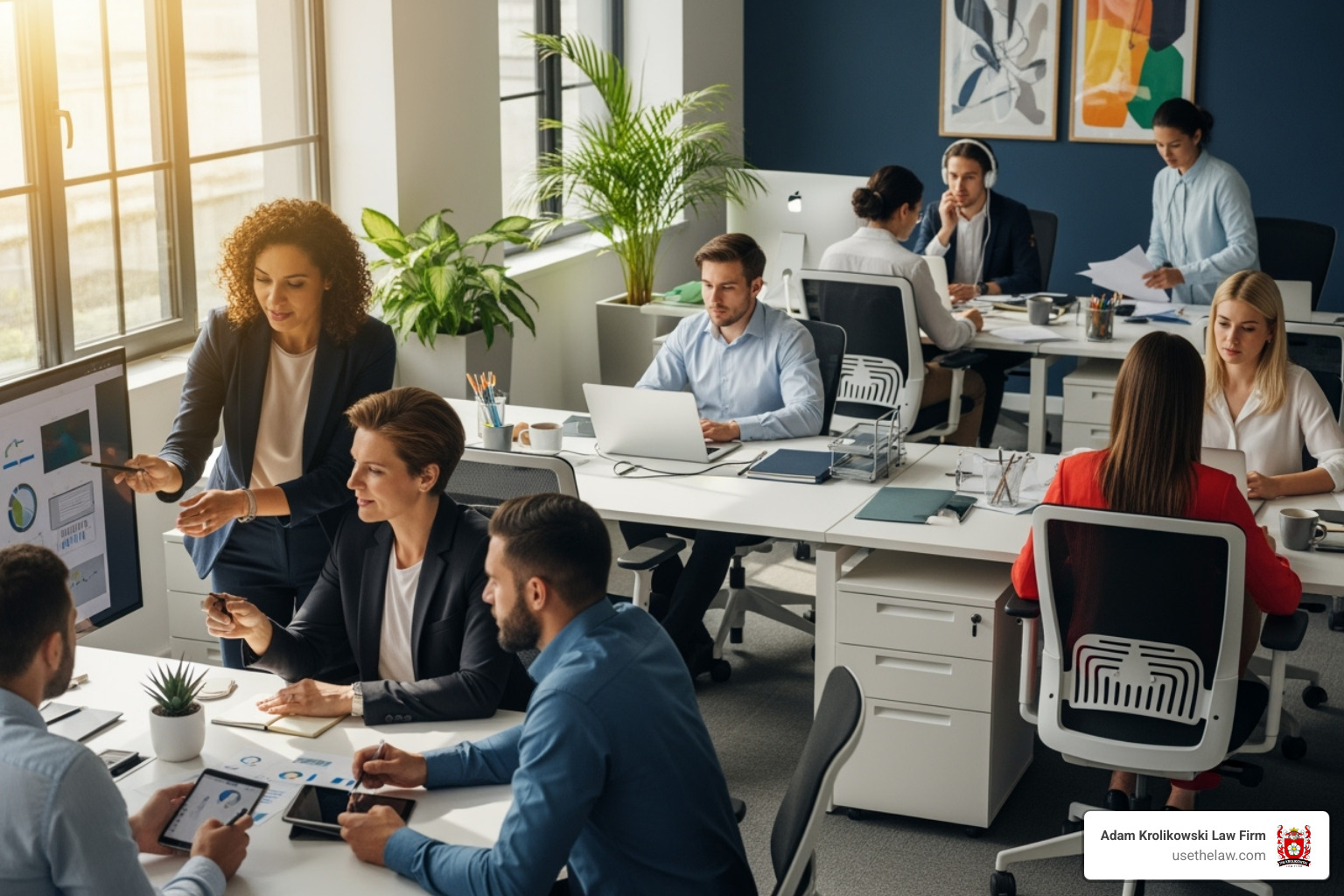 A diverse group of employees in a modern office setting, some collaborating, others working individually, all appearing professional and engaged. - labor law lawyer los angeles A diverse group of employees in a modern office setting, some collaborating, others working individually, all appearing professional and engaged. - labor law lawyer los angeles