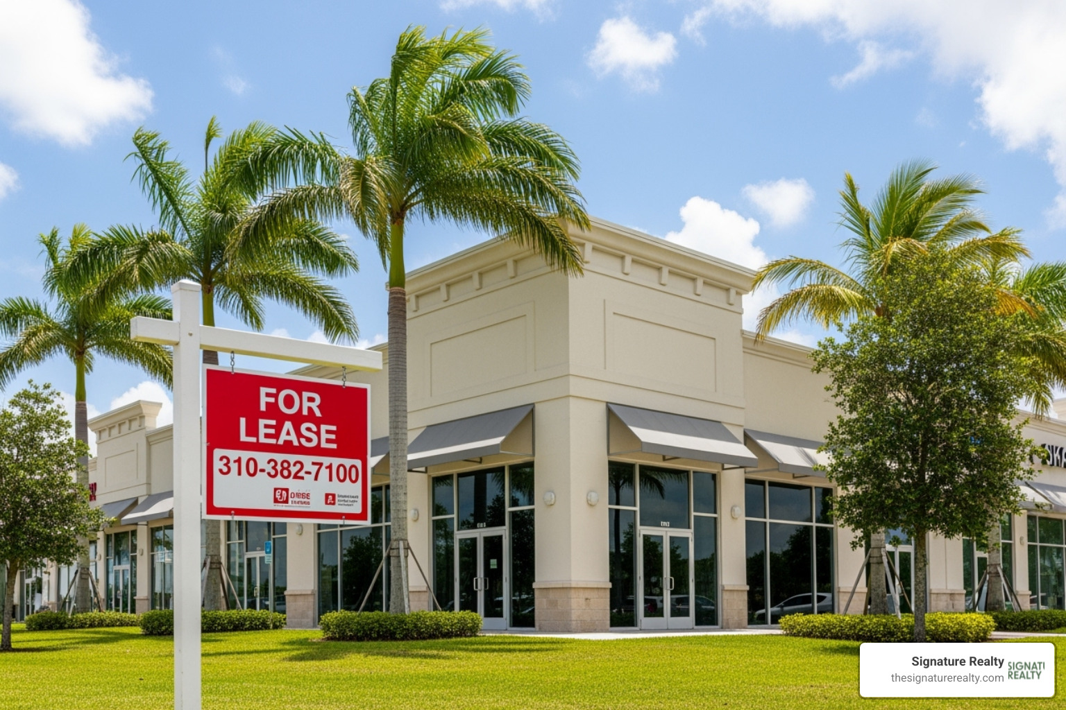 For Lease sign in front of a retail property in Miami-Dade - Retail strip center For Lease sign in front of a retail property in Miami-Dade - Retail strip center