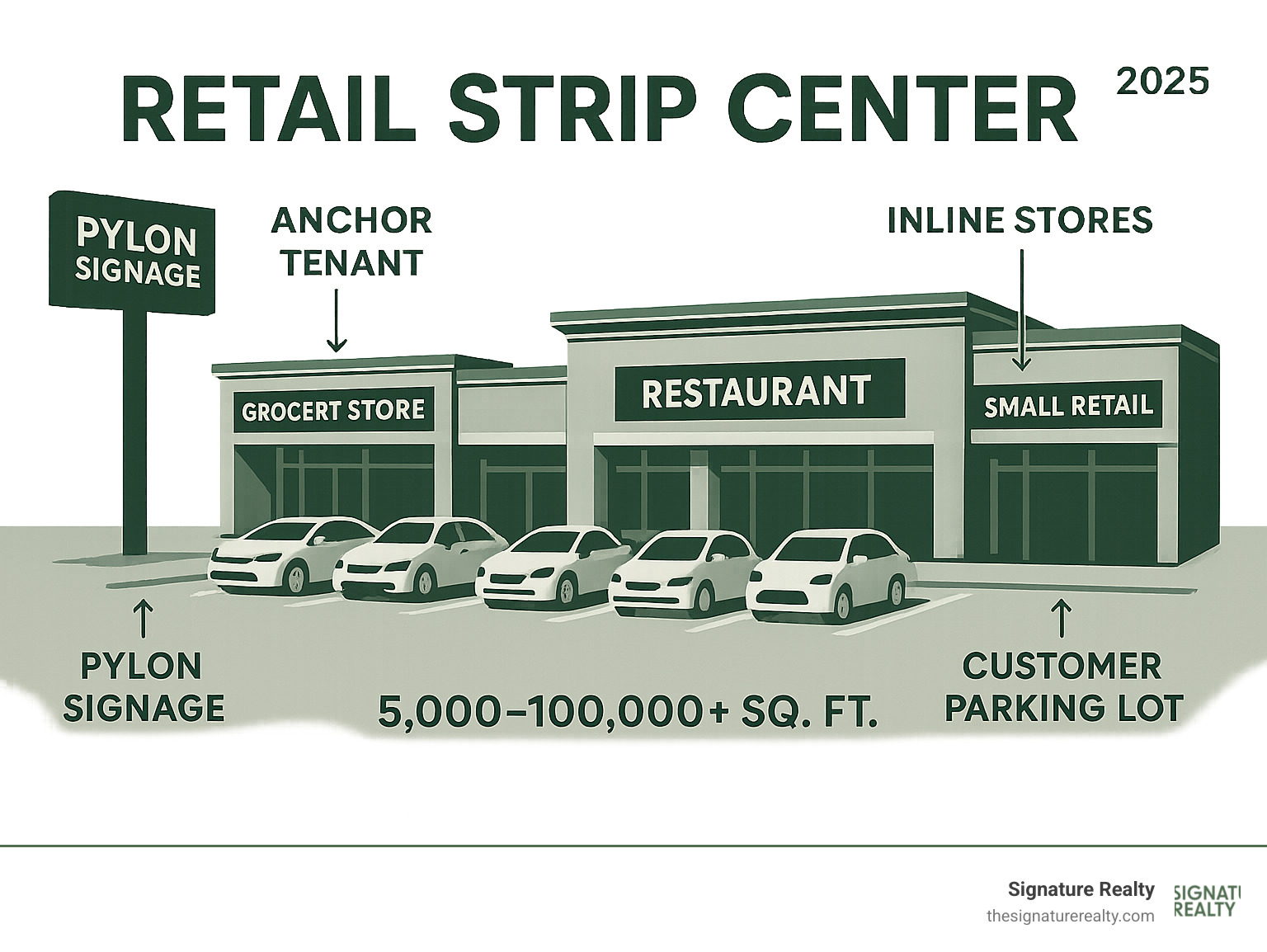 Infographic showing retail strip center components: anchor tenant (grocery store or pharmacy), inline stores (restaurants, services, small retail), customer parking lot in front, pylon signage for visibility, and typical size ranges from 5,000 to 100,000+ square feet - Retail strip center infographic Infographic showing retail strip center components: anchor tenant (grocery store or pharmacy), inline stores (restaurants, services, small retail), customer parking lot in front, pylon signage for visibility, and typical size ranges from 5,000 to 100,000+ square feet - Retail strip center infographic