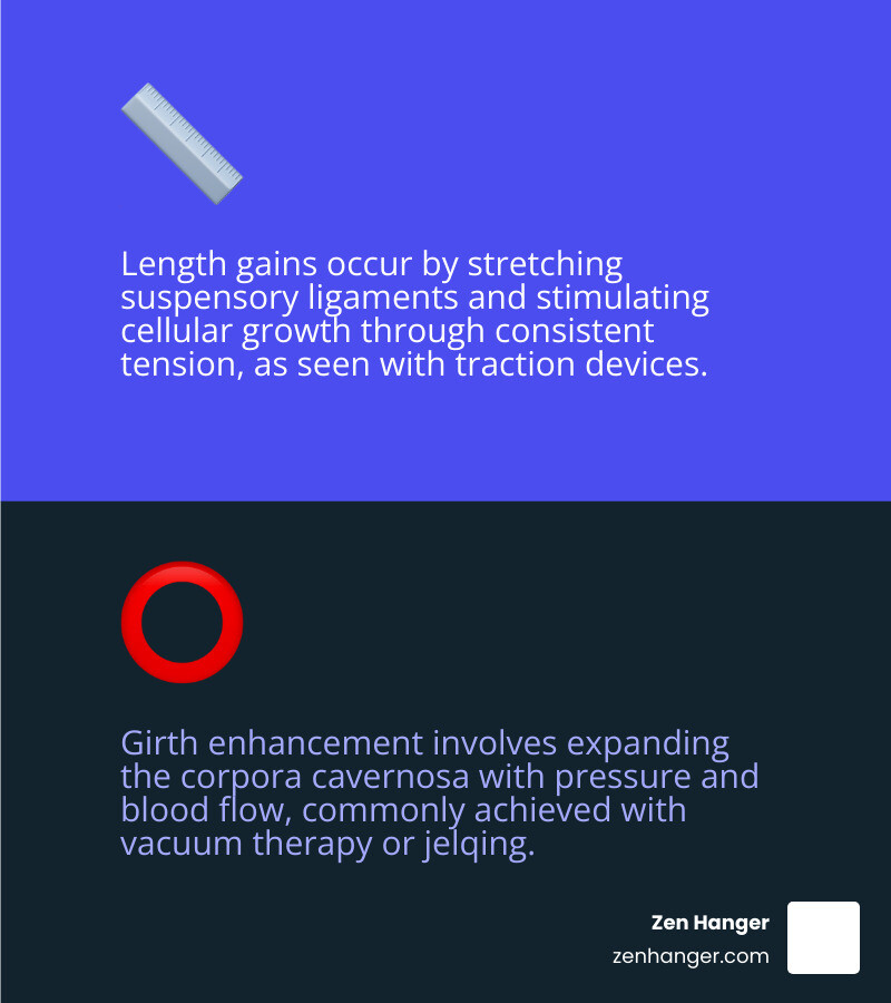 Infographic showing the mechanisms for penis enlargement: tension-based exercises like stretching and traction devices for length increase through ligament stretching and tissue expansion, versus pressure-based methods like jelqing and vacuum therapy for temporary girth improvement through blood flow and tissue engorgement - penis enlargement exercises for length and girth infographic 2_facts_emoji_blue