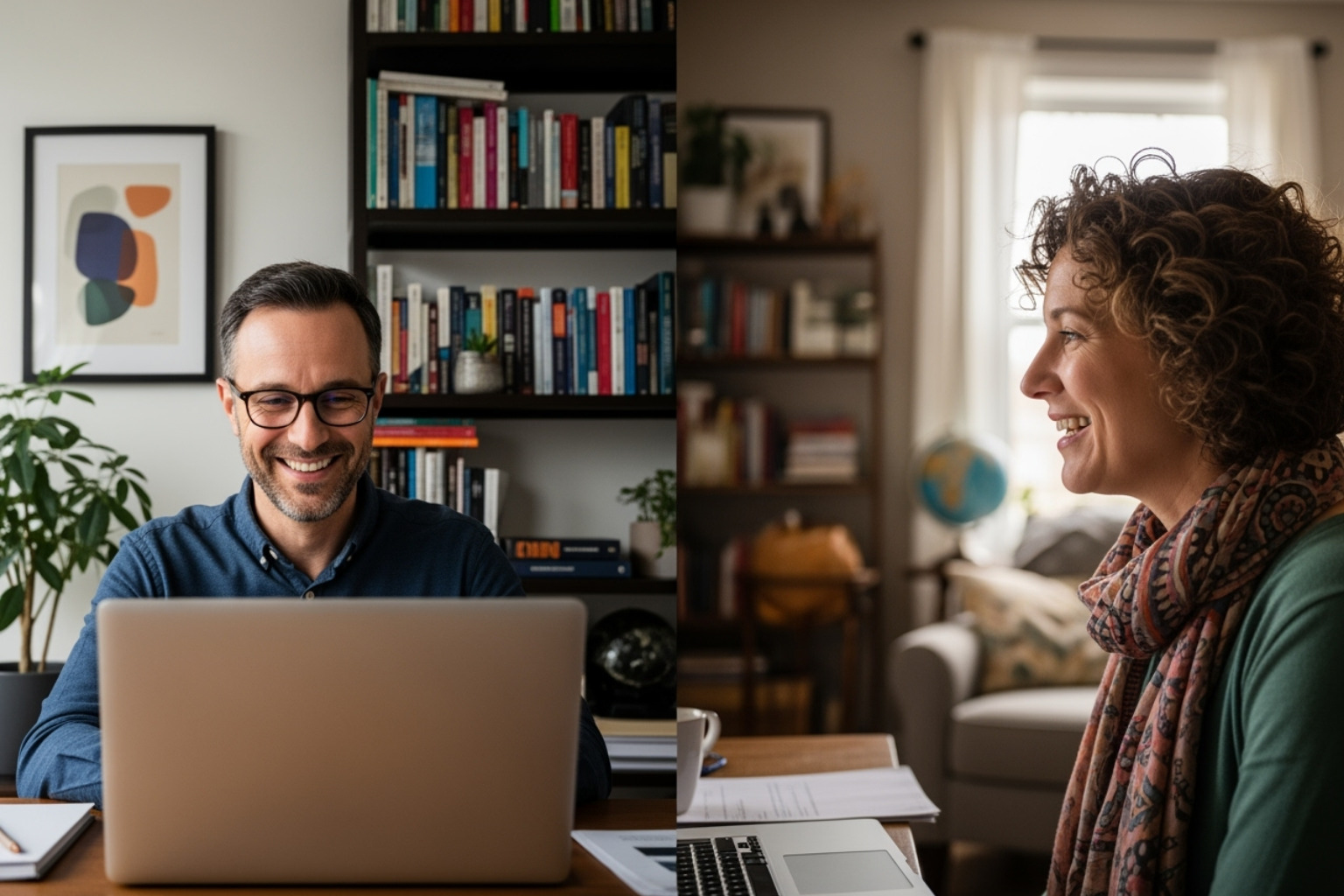 Two diverse academics engaged in a friendly video call, discussing details of their upcoming apartment exchange. The background shows a comfortable, lived-in home interior. - exchange apartments