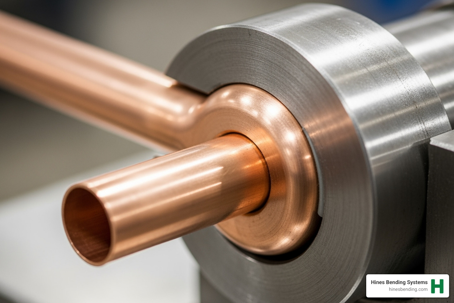 Close-up on the bender die forming a smooth, kink-free bend in a copper pipe - how to bend copper pipe with a bending machine