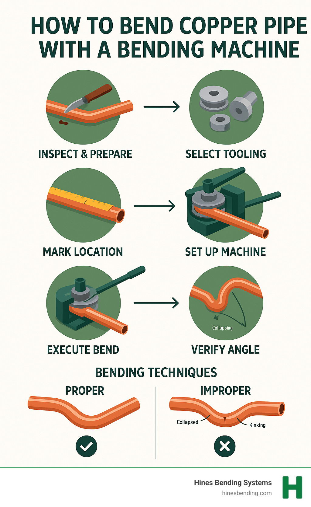 Infographic showing the complete copper pipe bending process from preparation through final inspection, including machine setup, tooling selection, bend execution, and quality verification steps with visual representations of proper vs improper bending techniques - how to bend copper pipe with a bending machine infographic 