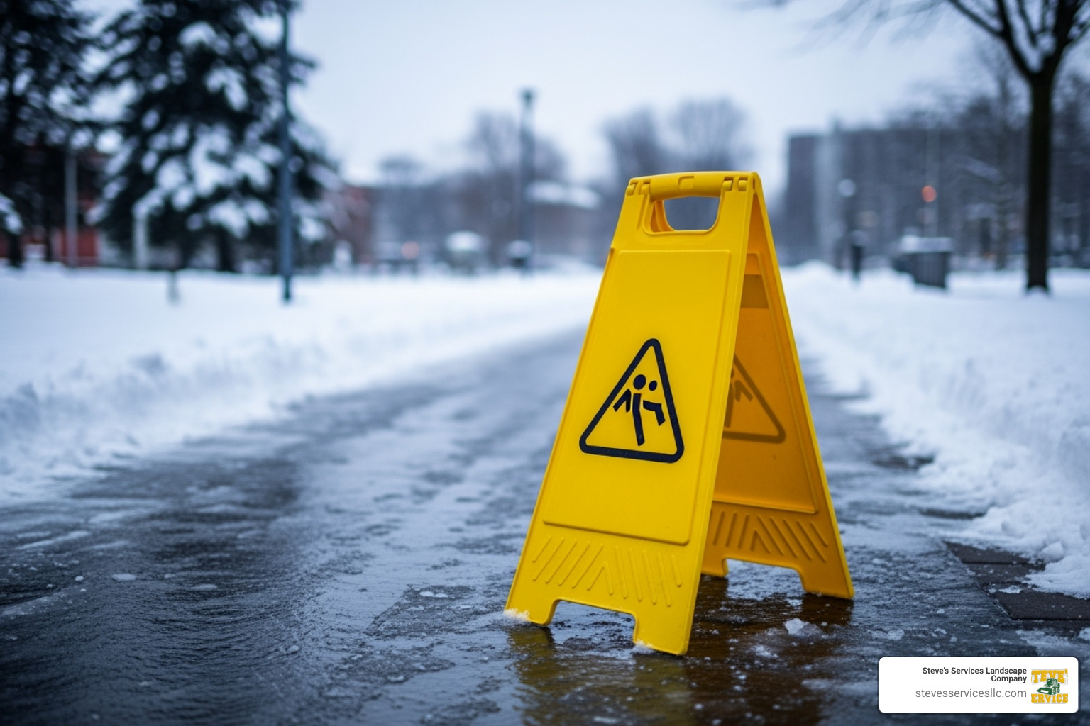 a slip and fall warning sign on an icy sidewalk - property manager snow removal