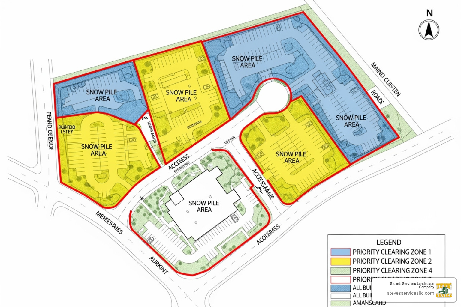 a property site map with designated snow pile locations and priority clearing zones - property manager snow removal