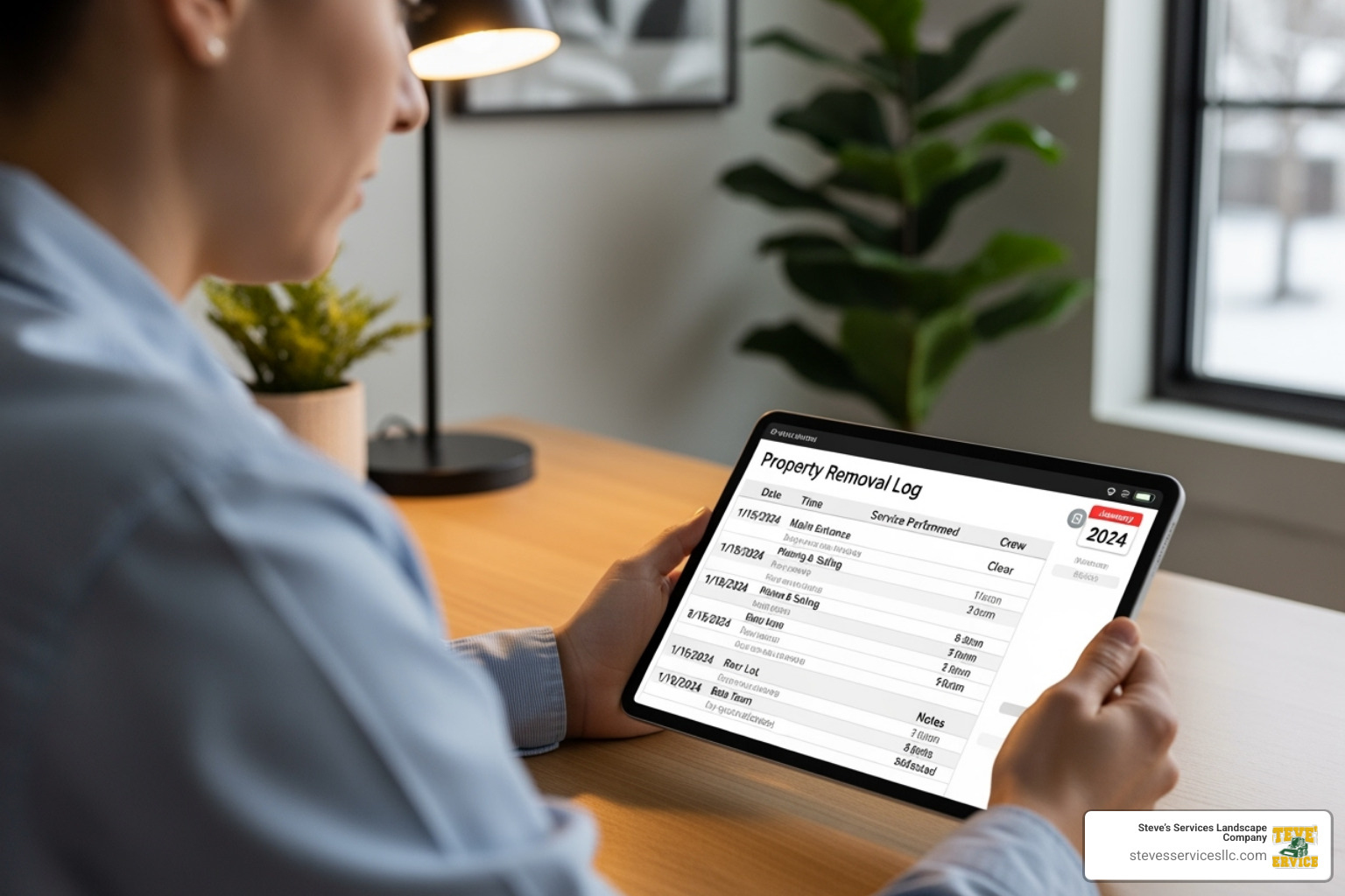 a property manager reviewing a detailed snow removal log on a tablet - property manager snow removal
