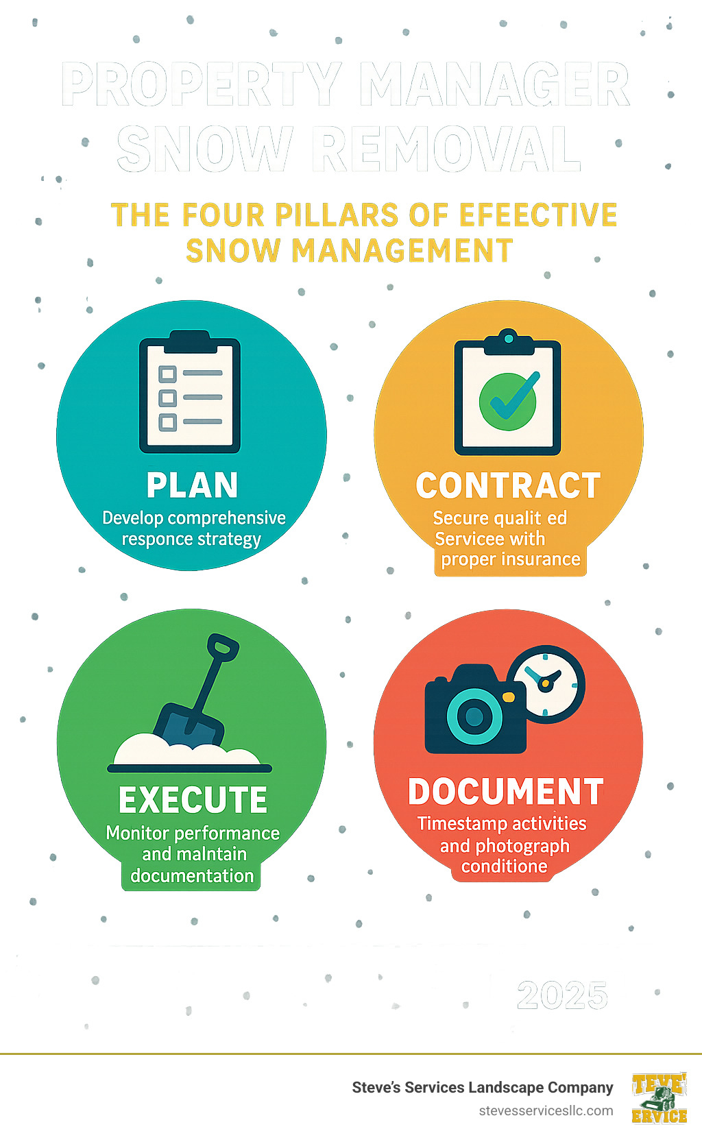 Infographic showing the four key pillars of effective property manager snow removal: Plan (develop comprehensive response strategy), Contract (secure qualified services with proper insurance), Execute (monitor performance and maintain documentation), and Document (timestamp all activities and photograph conditions for liability protection) - property manager snow removal infographic 