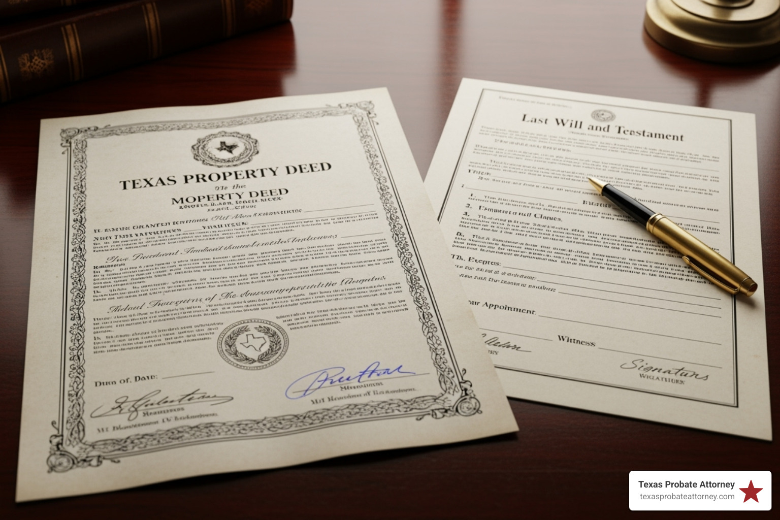 Texas property deed and a will side-by-side - muniment of title & self proved affidavit in texas