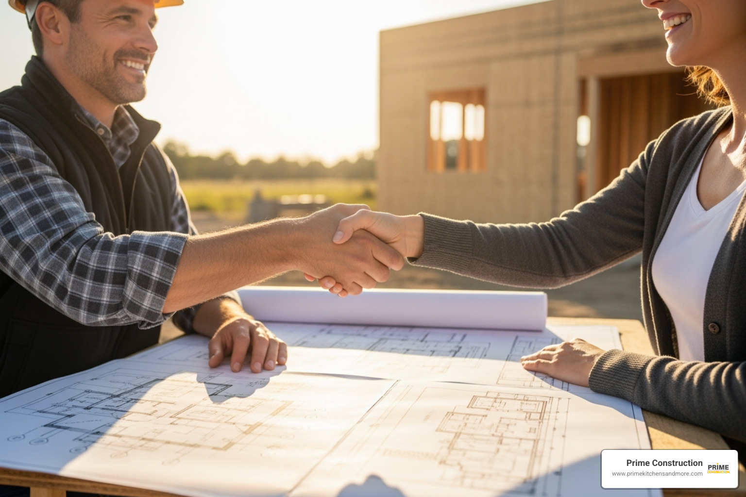 contractor and homeowner happily shaking hands over a set of blueprints - remodeling contractor orlando