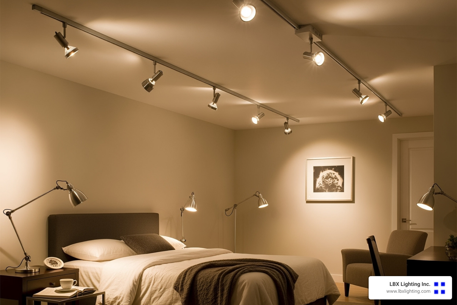 A bedroom track system with heads pointed for both general illumination and focused task lighting - track lighting for bedrooms