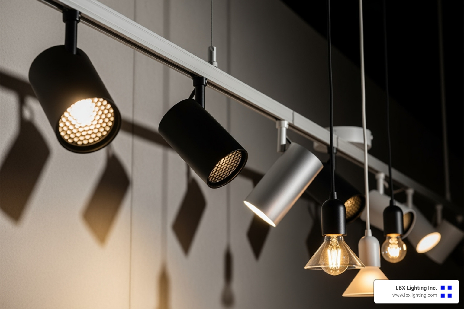 A close-up of different track heads like spotlights and small pendants - track lighting for bedrooms