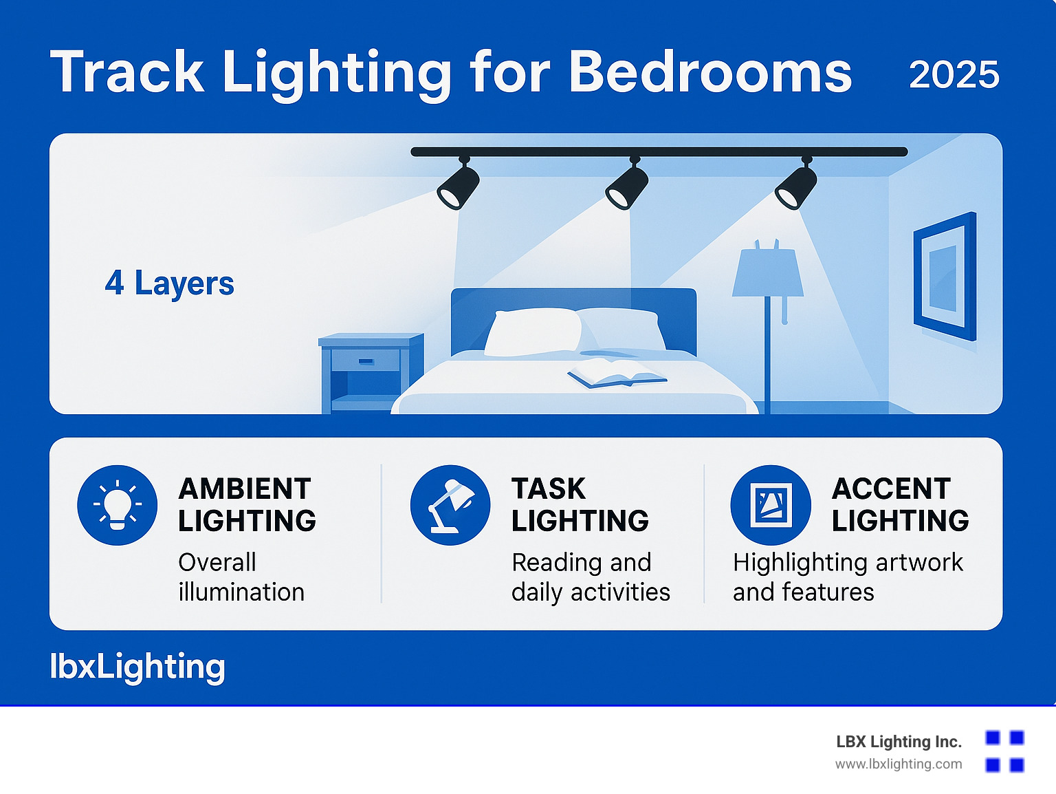 Infographic showing the three essential layers of bedroom lighting: ambient lighting for overall illumination, task lighting for reading and daily activities, and accent lighting to highlight artwork and architectural features, with track lighting systems providing all three layers in one versatile solution - track lighting for bedrooms infographic 