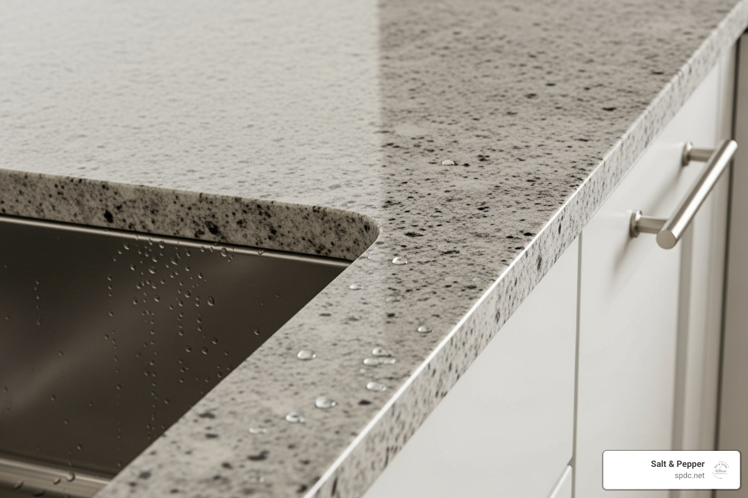 close-up shot of countertop edge, cabinet hardware, and undermount sink - new kitchen