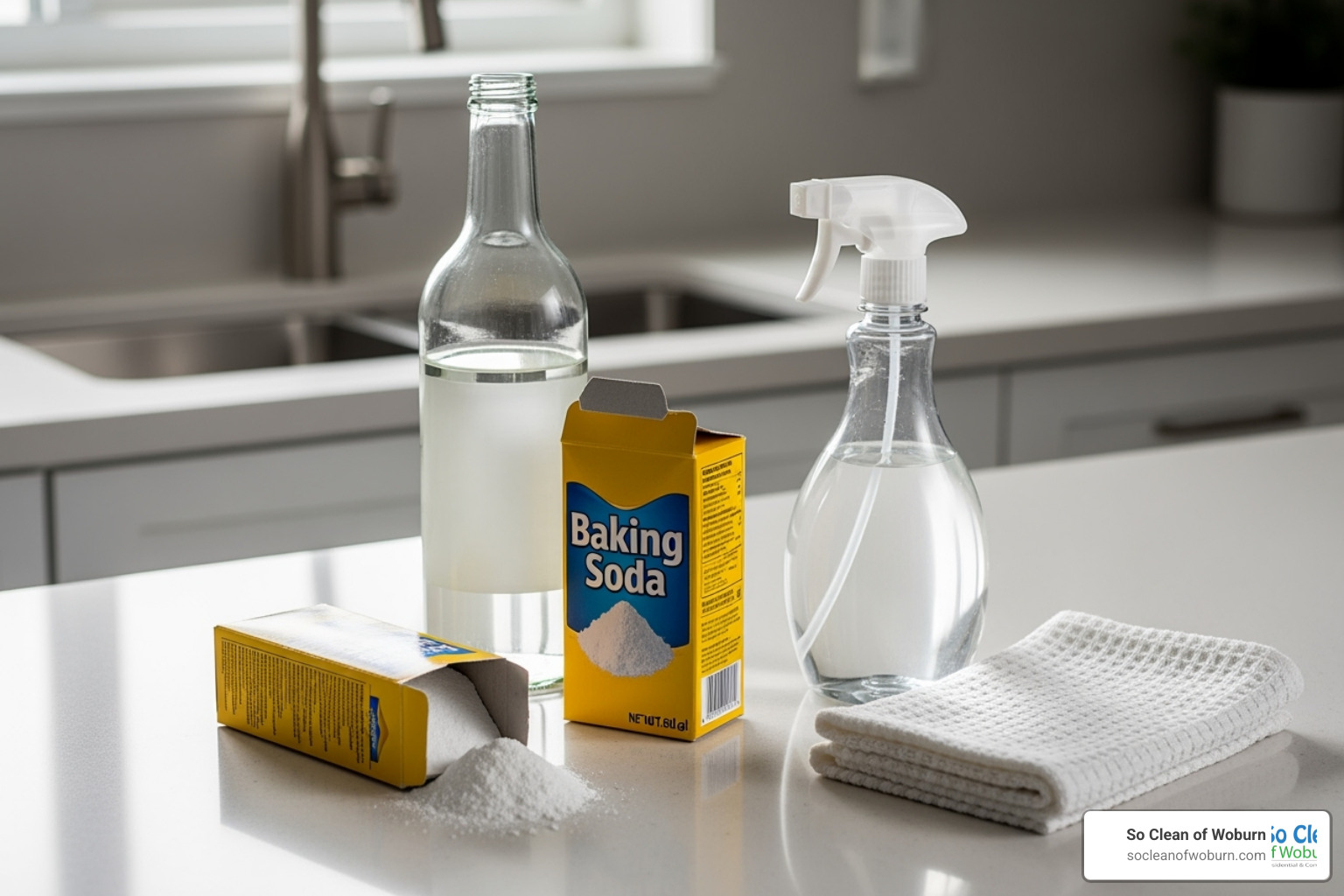 of DIY cleaning ingredients like vinegar, baking soda, and a spray bottle on a clean countertop - green upholstery cleaner
