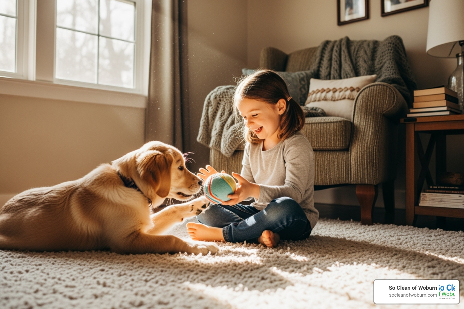 of a pet and child playing safely on a clean rug near an upholstered chair - green upholstery cleaner