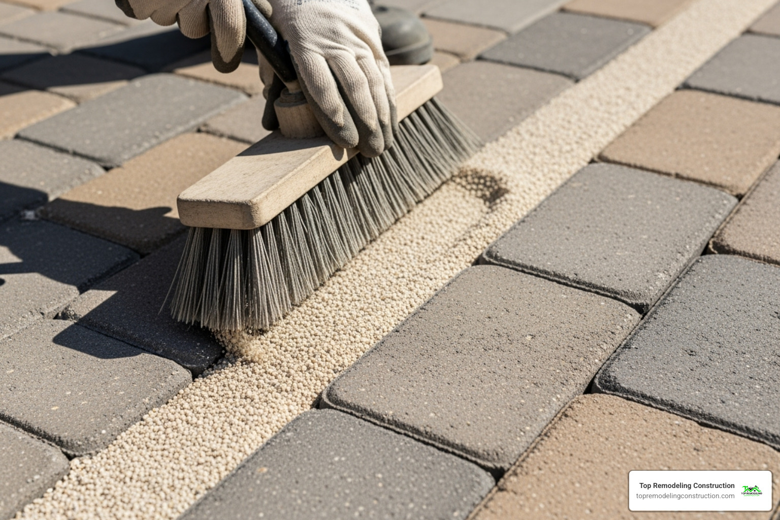 person sweeping polymeric sand into paver joints - redo brick patio person sweeping polymeric sand into paver joints - redo brick patio