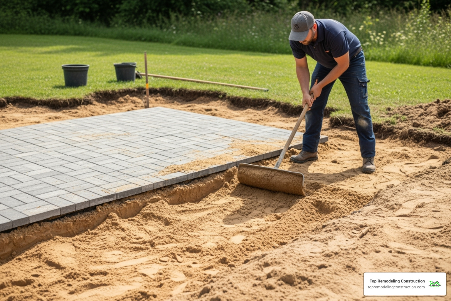 person in the process of leveling sand in an excavated patio section - redo brick patio person in the process of leveling sand in an excavated patio section - redo brick patio